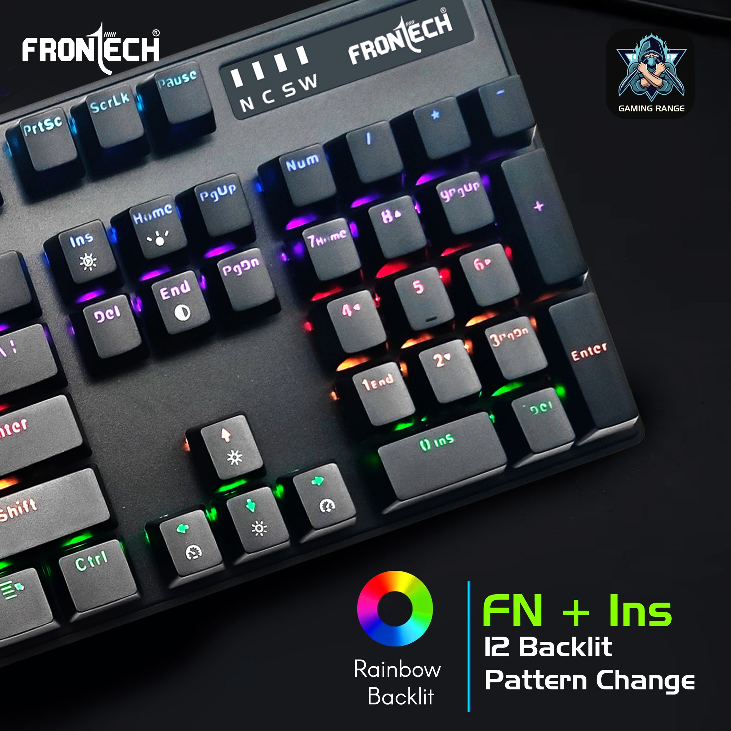 Frontech Wired Mechanical Gaming Keyboard | 104 Keys | Rainbow Backlit | Anti-Ghosting | Ergonomic Design | 12 Multimedia Hotkeys | Height Adjustable | 1-Year Warranty (KB-0014P)