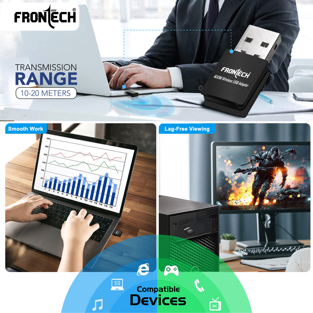 FRONTECH 600 Mbps USB Wi-Fi + Bluetooth Adapter | PC, Laptop | Dual Band (2.4GHz) | BT 4.2/2.1 | USB 2.0 | Wireless Network Card (Gaming, Work, Travel, Home) | Compatible with Windows 7/8/10/11/XP | WEP,WPA-PSK,WPA2-PSK Security | 10-20M Range (FT-0844)