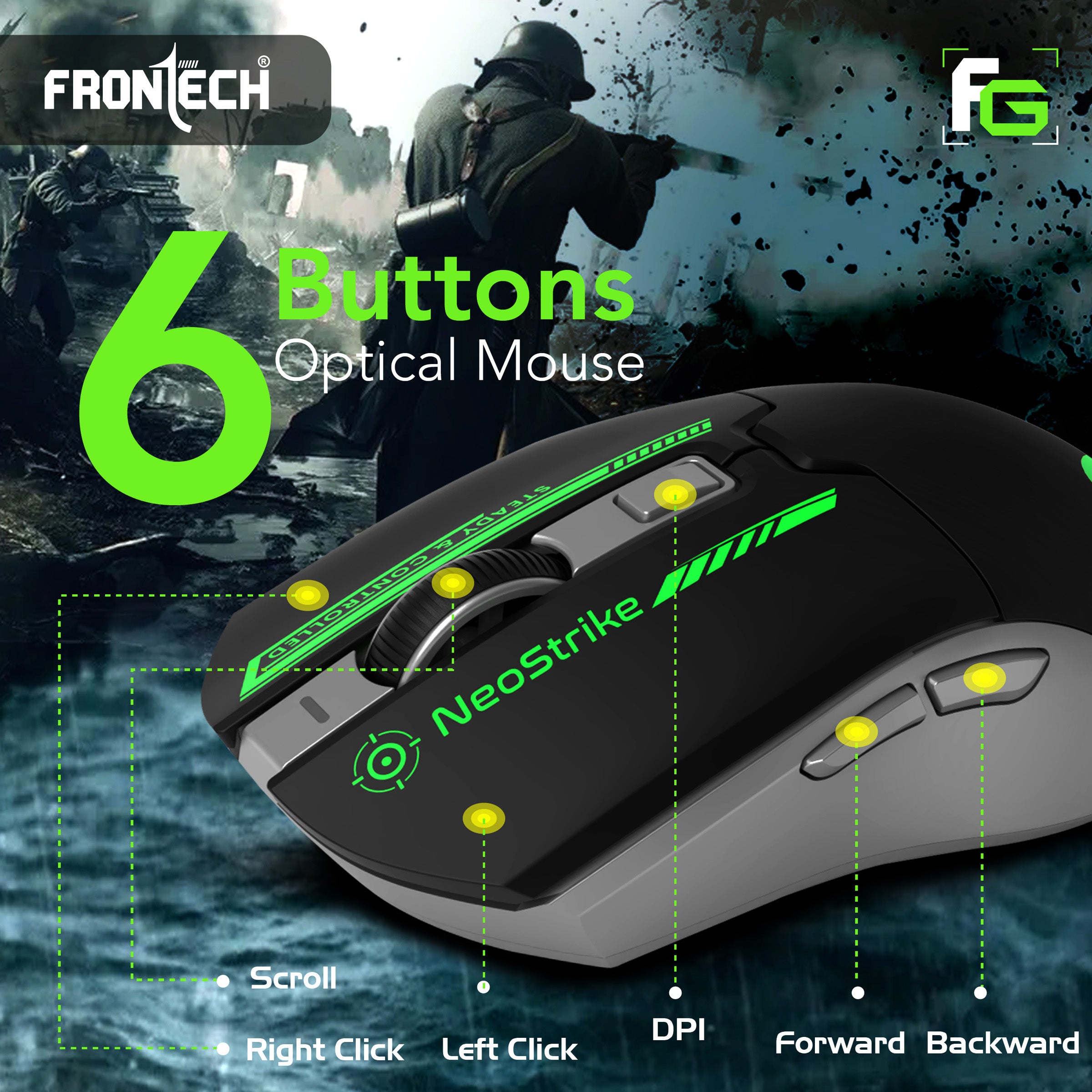 Frontech Neo Strike Wireless Gaming Mouse with 3200DPI, Comfortable & Ergonomic Design, RGB LED Lights, 6 Buttons, in-Built Rechargeable Battery, Power & LED ON/Off Switch.(MS-0059)
