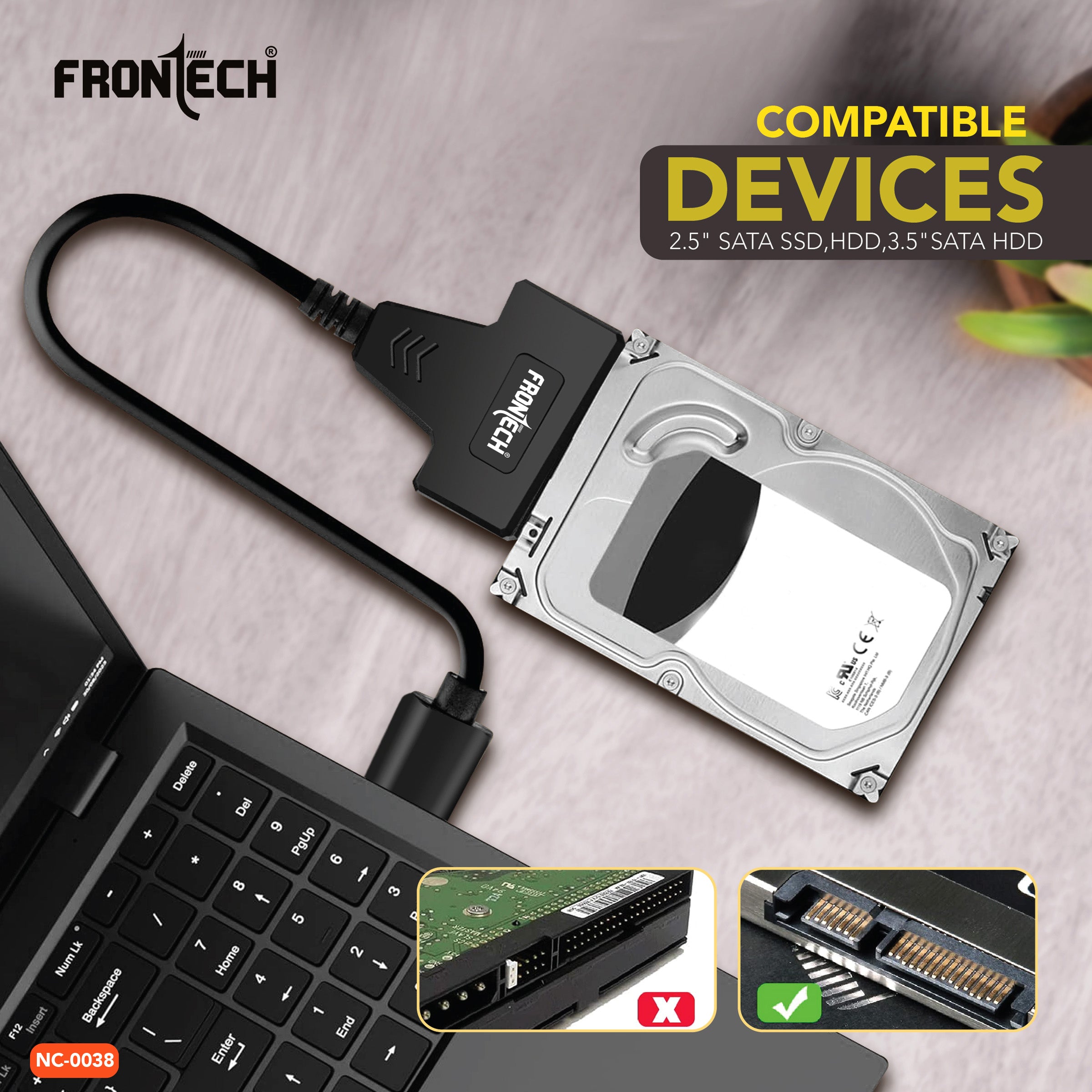 Frontech USB 3.0 to SATA Adapter for 2.5 HDD/SSD with Plug & Play, Durable Material, Super Fast Transfer, Black (NC-0038)