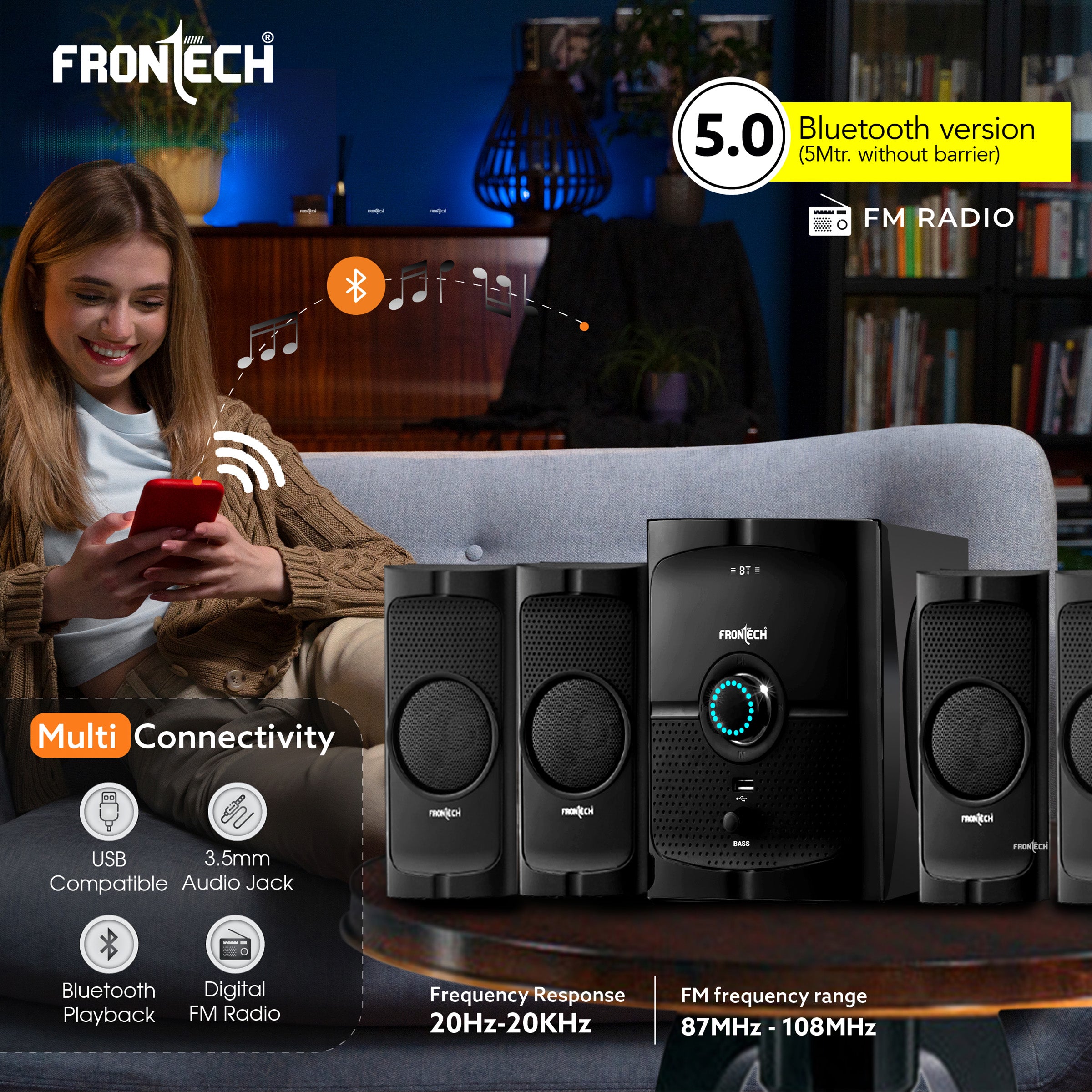 Frontech 4.1 Channel Multimedia Bluetooth Speaker System 60W, Bluetooth Connectivity, Wired Multimedia Computer Speaker, FM, Audio in Speakers, 20mm Subwoofer, Wide Compatibility (SW-0127)