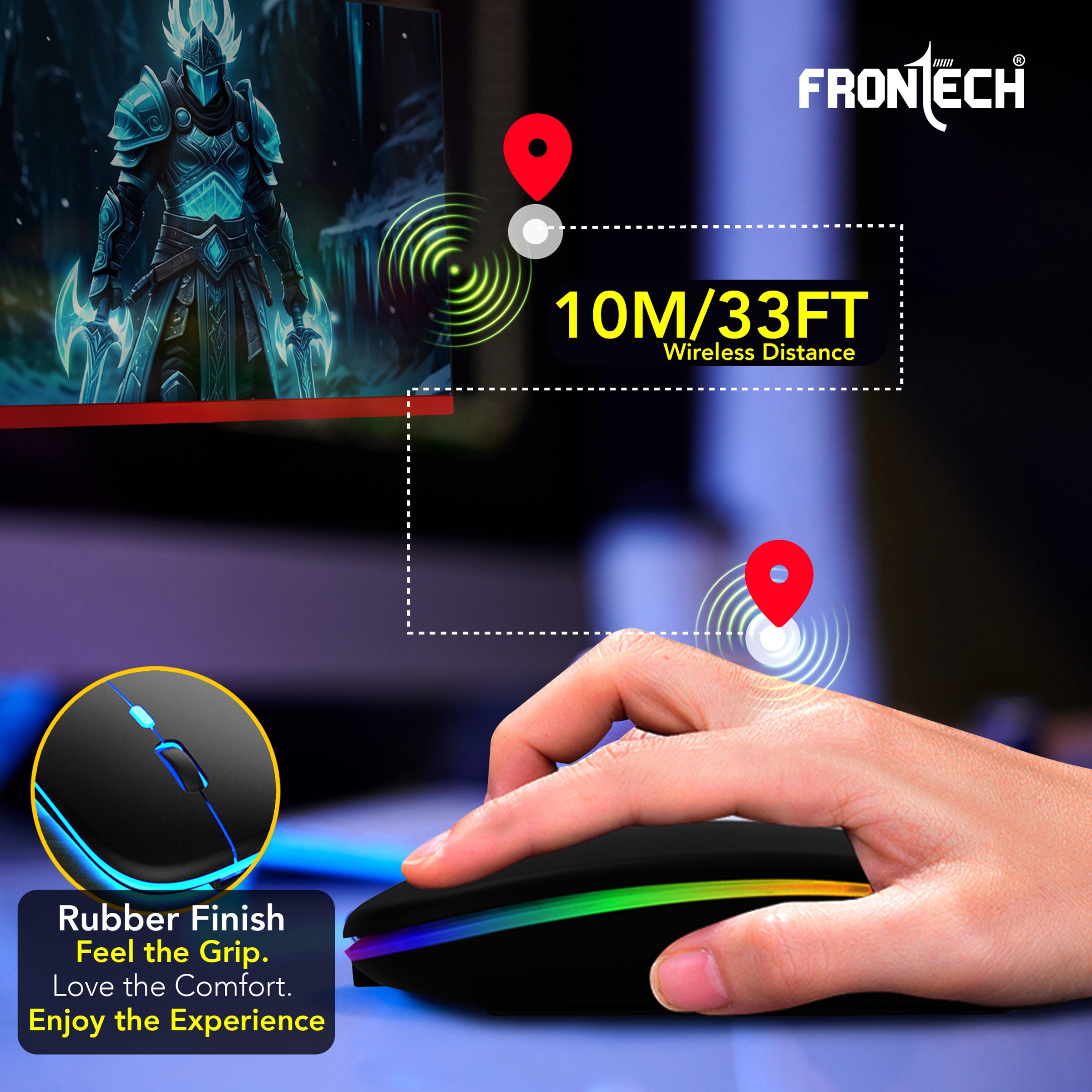 Frontech Wireless Mouse with Bluetooth 5.0 & 2.4 Ghz Dual Wireless Connectivity, Rechargeable Battery, Backlit Effect, Adjustable DPI up to 1600 Compatible with Laptop, MacBook, PC.(MS-0057)