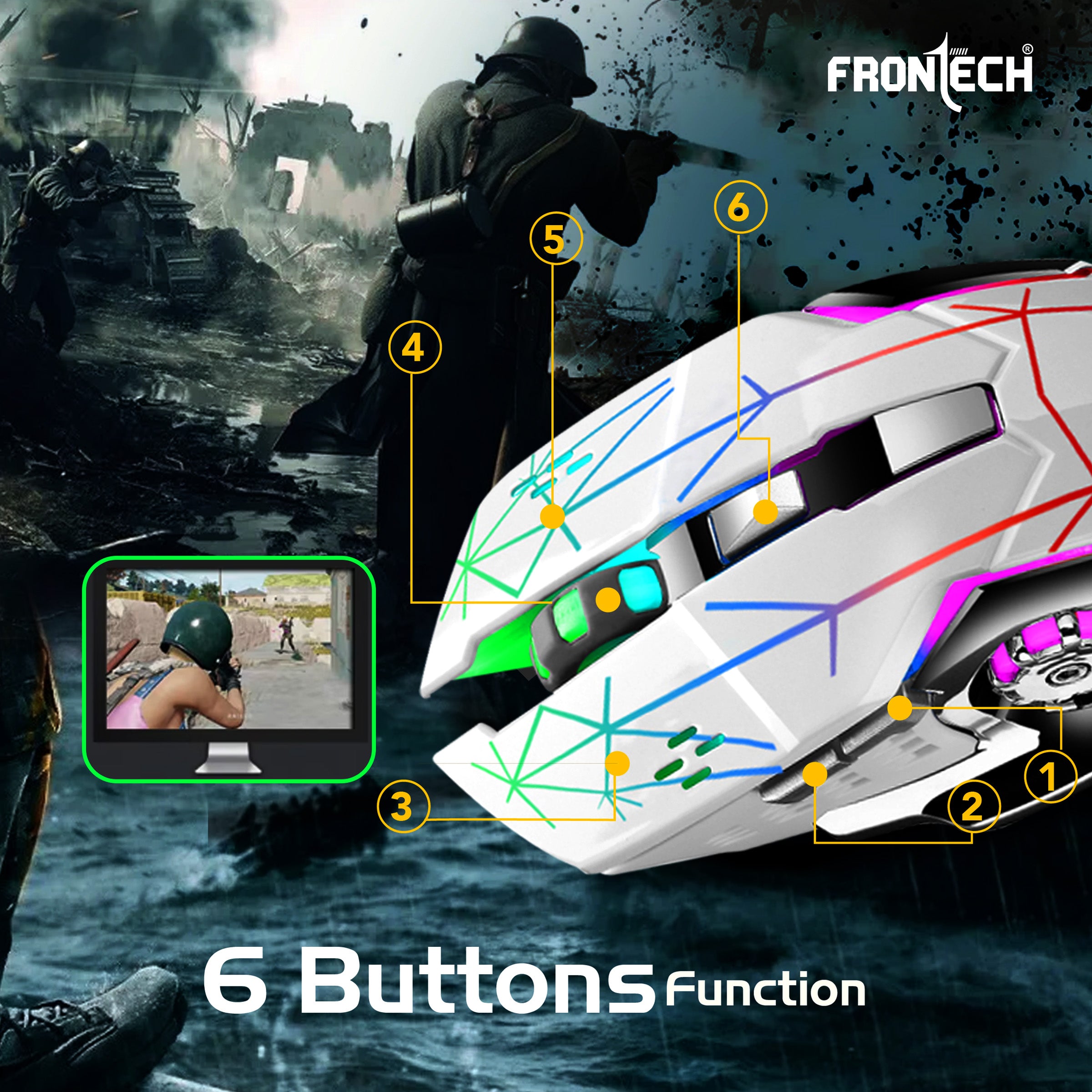 Frontech Wireless Gaming Keyboard & Mouse Combo | Rainbow Backlit | 2.4GHz | 4800 DPI | Rechargeable | Type-C | 104 keys | Windows/Mac/Android/iOS Compatible (KB-0025W)