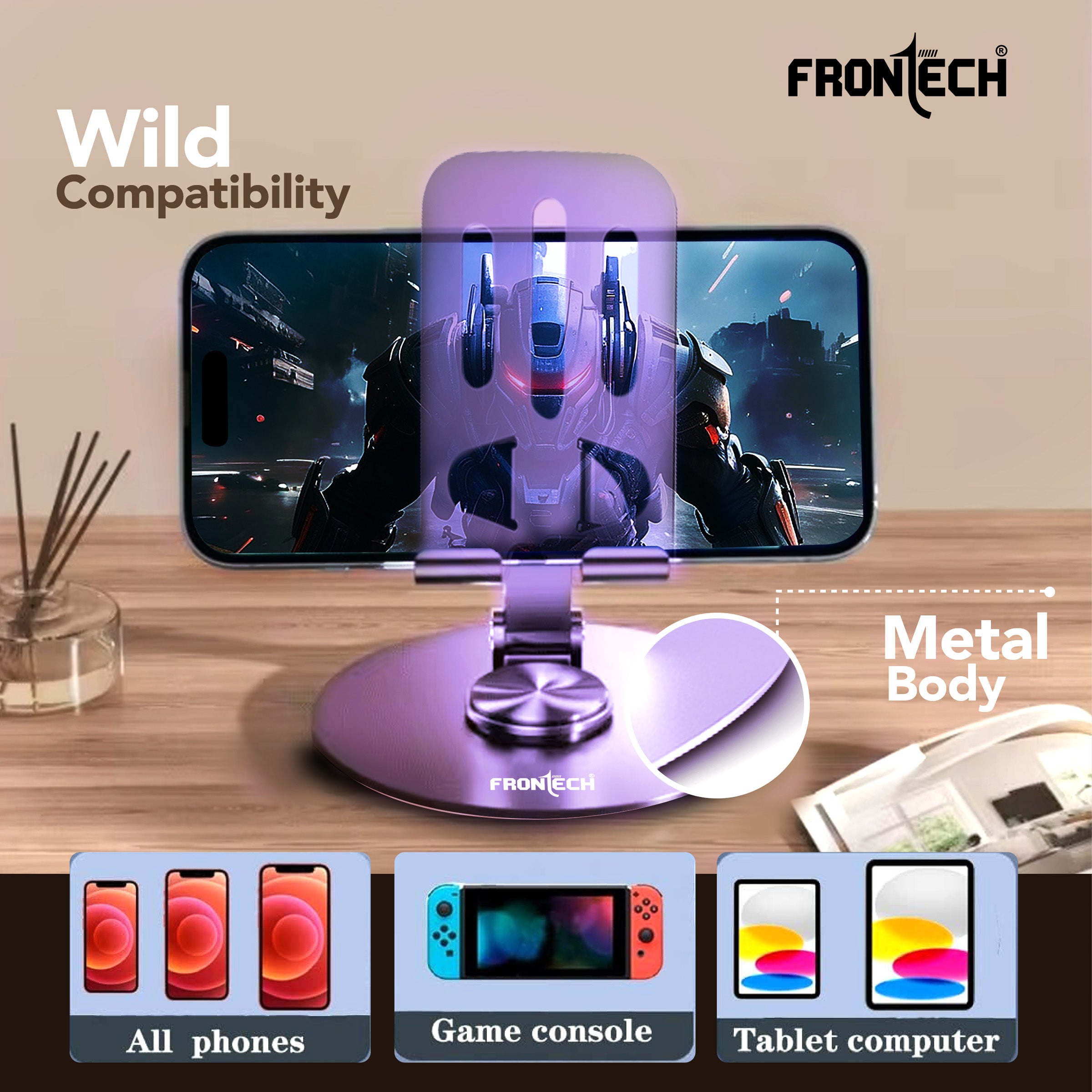 Frontech Mobile Holder, 360° Rotatable & Foldable Mobile Phone Holder With Stable Metallic base,Adjustable Height, Anti Skid Pad,Tabletop Mobile Phone Stand for all Smartphones. (CCH-0014LP)