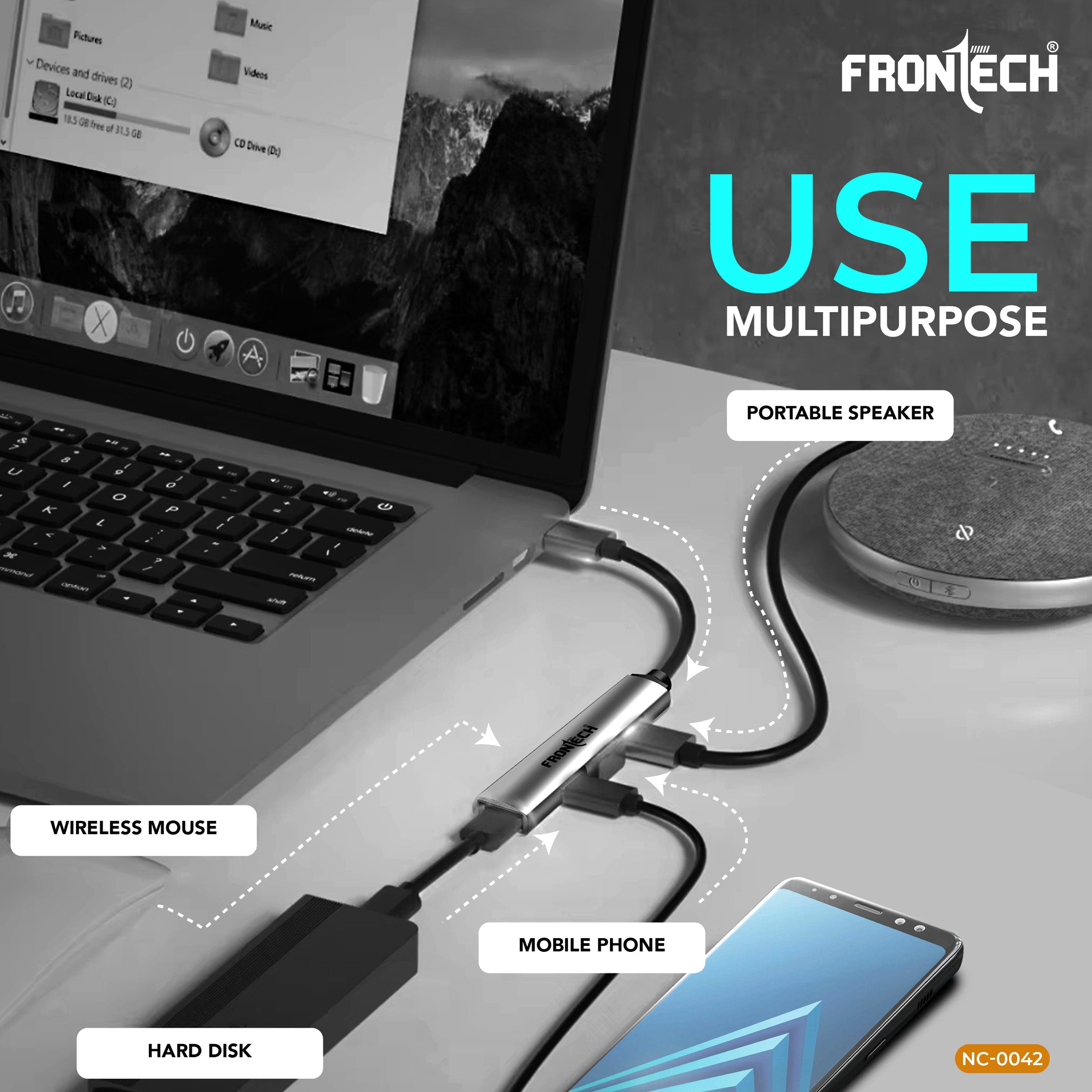 Frontech 4 in 1 Multiport HUB,USB 3.0, 3X USB 2.0,Compact Metal Design, Multi OS Compatible. (NC-0042)
