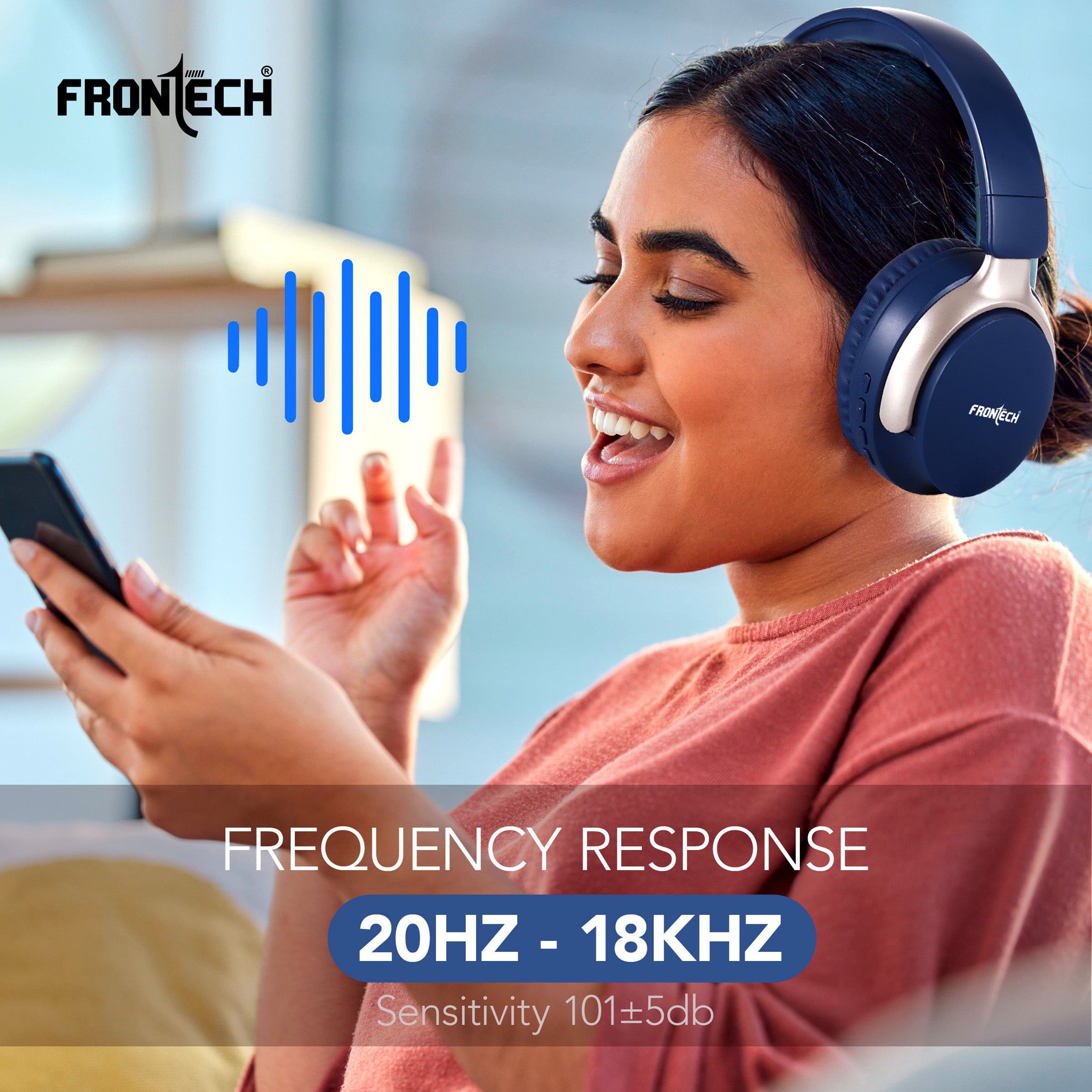 FRONTECH QHP-370 Wireless Headphones: 36HRS Playtime, 40mm Drivers, Dual Mode (BT 5.1 & AUX) - Deep Blue. (EF-0078)