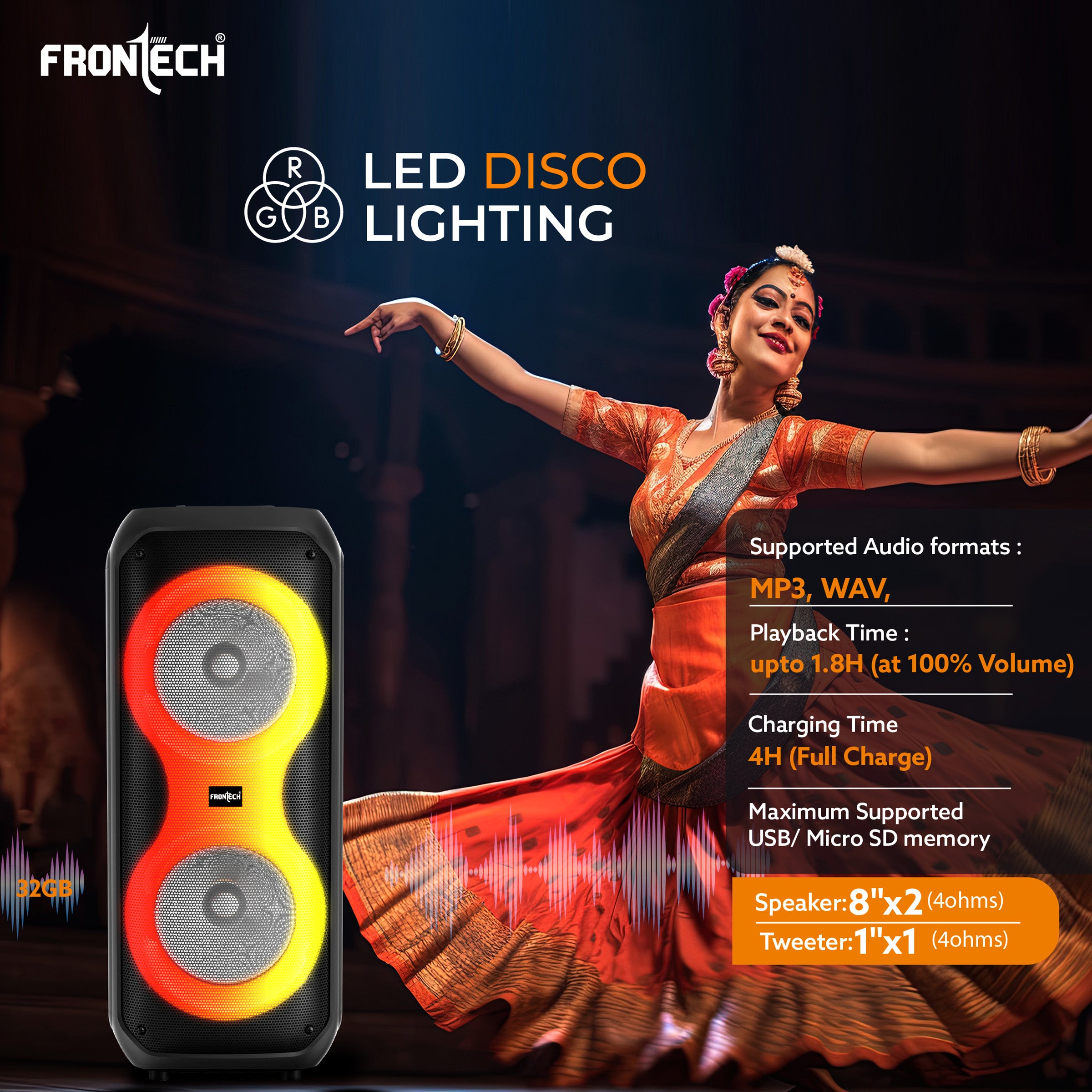 Frontech Smash Pro-21P 45W Portable Party Speaker | True Wireless Stereo | Karaoke Function with Wireless Mic | RGB LED Disco Lighting | Bluetooth 5.0 | FM Radio | USB, TF, AUX | Type-C Charging Port (SW-0021P)