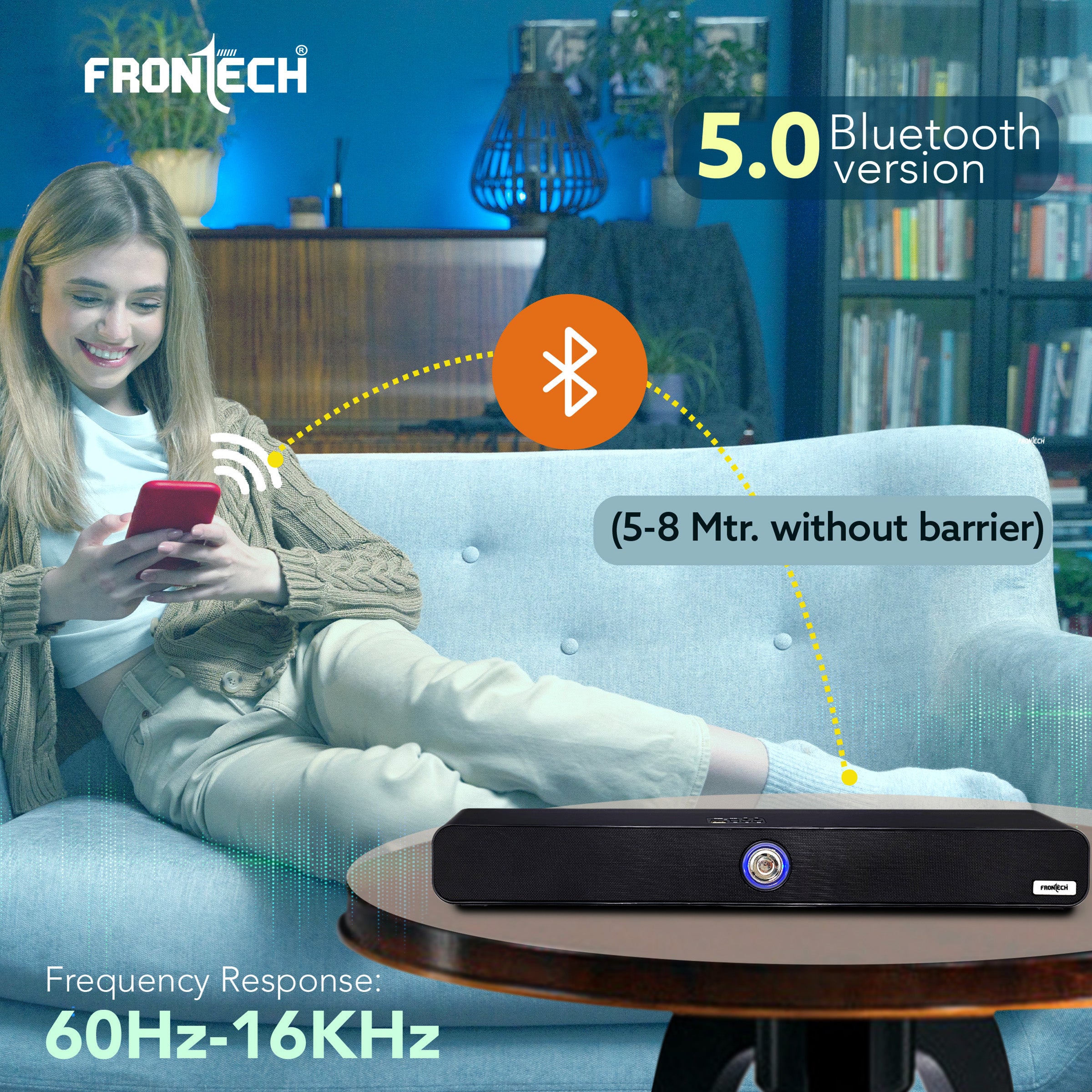 FRONTECH ECHOLITE-71 Mini Soundbar: 40W Bluetooth 5.0 Portable Home Theater Speaker with AUX/USB/TF Card & 2400mAh Battery. (SW-0071)
