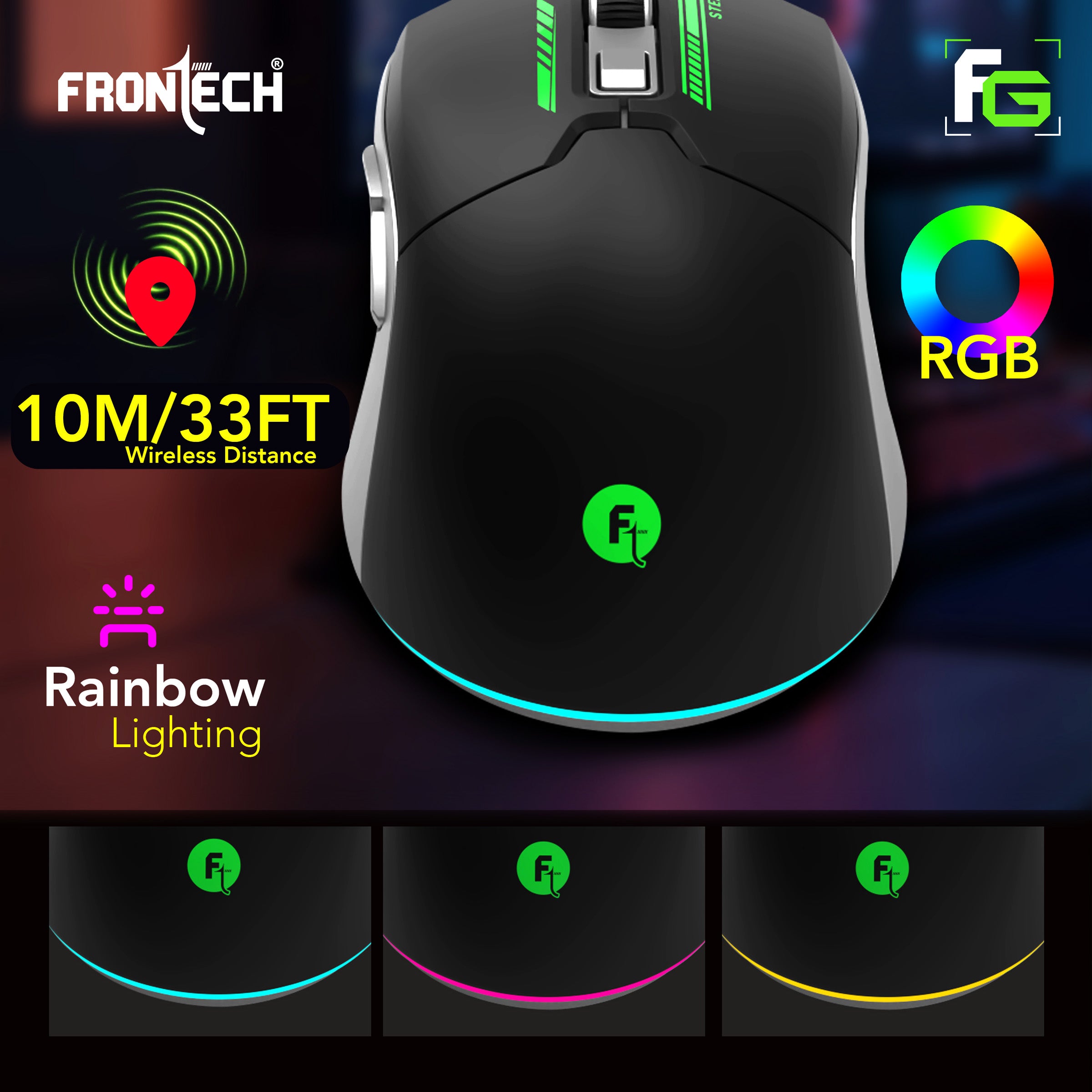 Frontech Neo Strike Wireless Gaming Mouse with 3200DPI, Comfortable & Ergonomic Design, RGB LED Lights, 6 Buttons, in-Built Rechargeable Battery, Power & LED ON/Off Switch.(MS-0059)