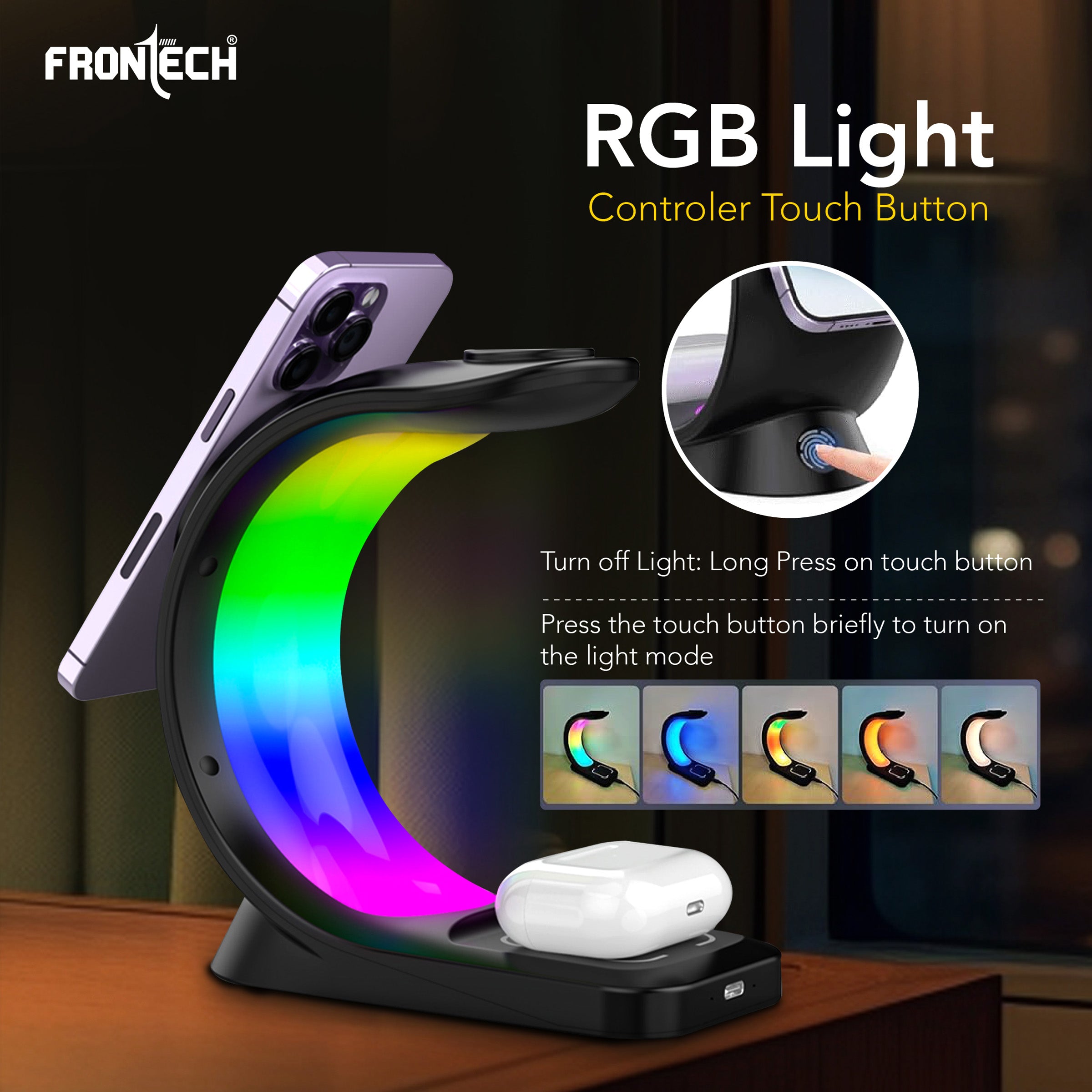 Frontech Magnetic 3-in-1 Wireless Charging Stand - Fast Charging | MagSafe Alignment | RGB Light | 360° Rotation (CCH-0016)
