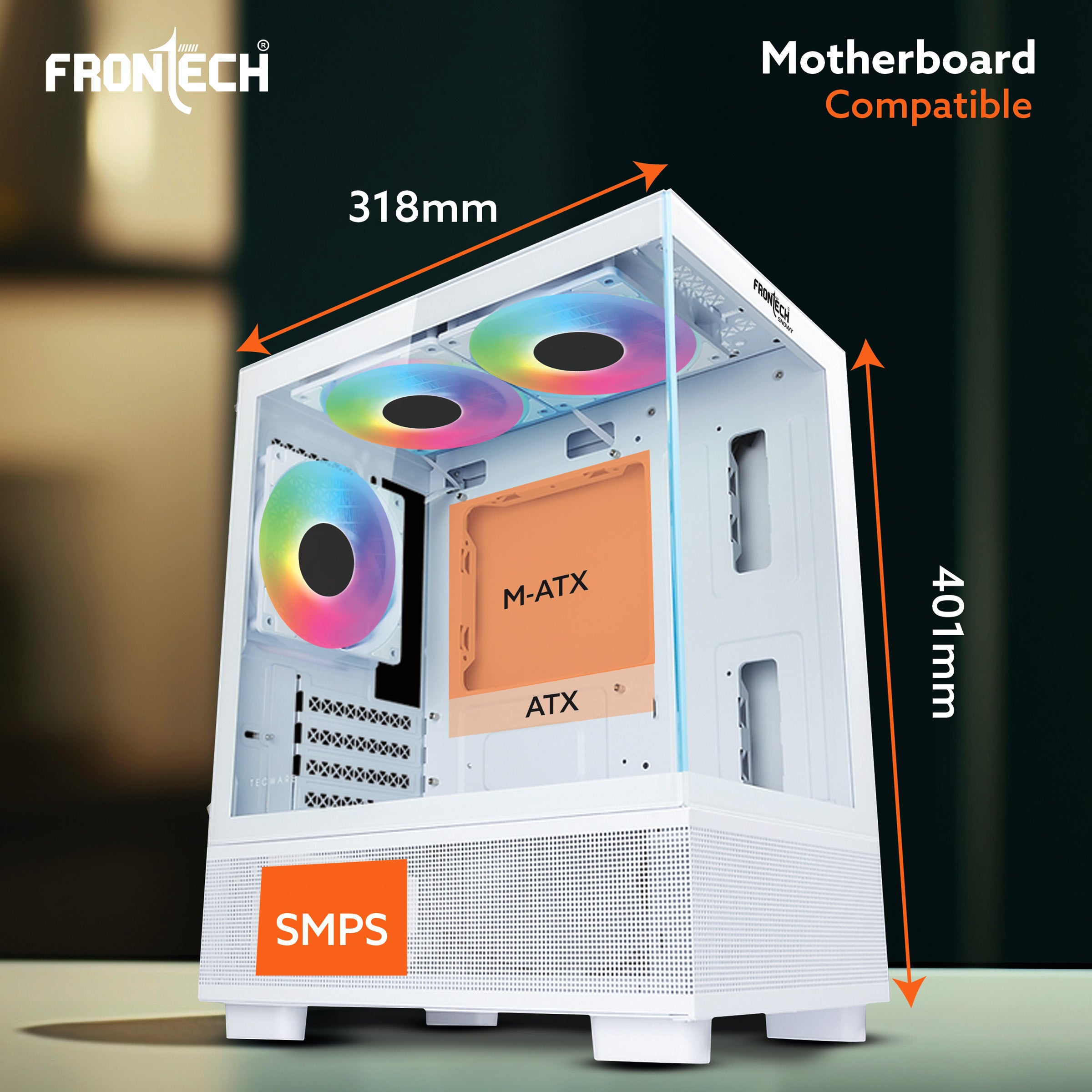 Snowy Gaming ATX Cabinet | Tempered Glass Panel, 3x120mm RGB Fan, USB 1.1 Ports & 3.0 Ports, White (FT-4288)