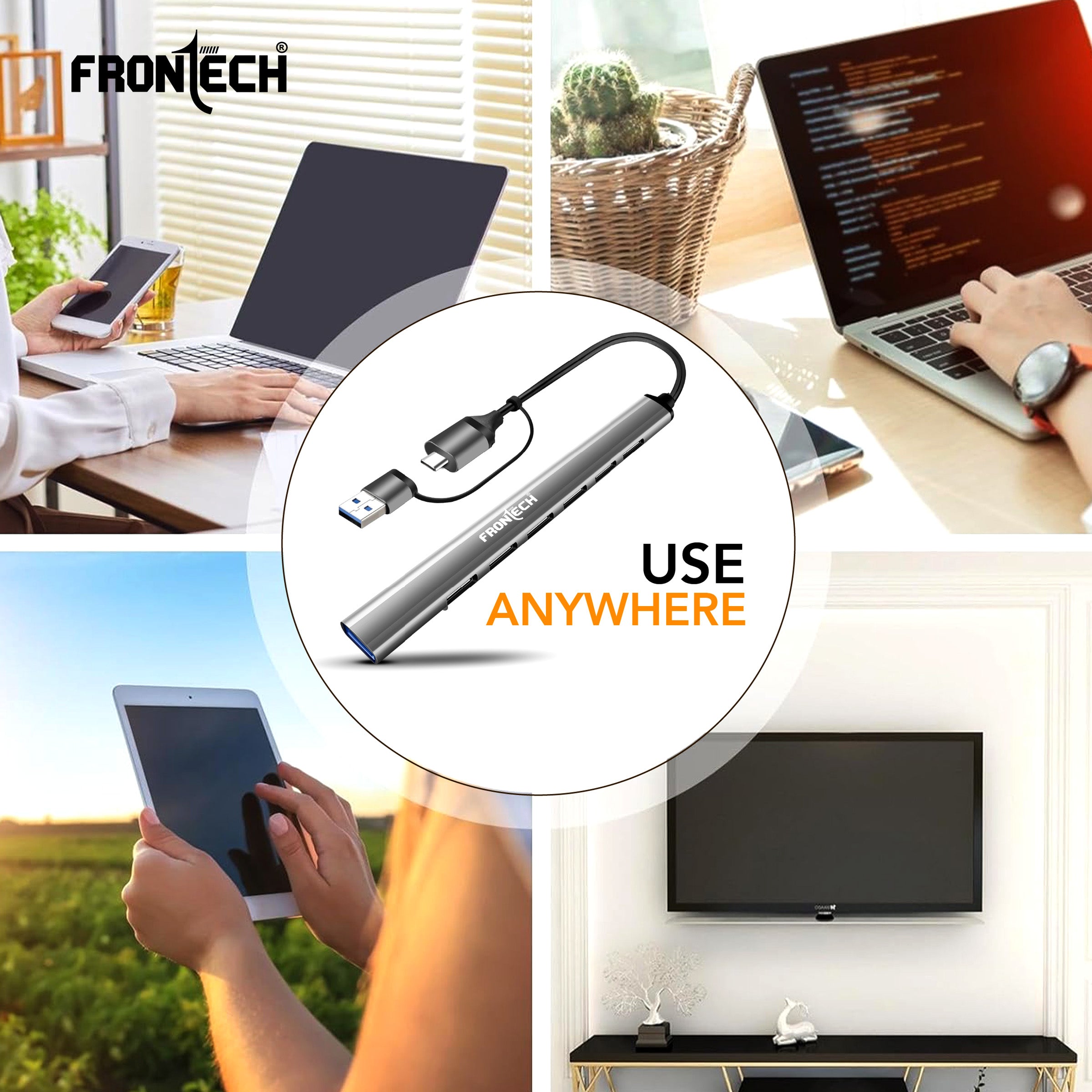 Frontech Type C+A 7 in 1 USB Hub, Upto 5GBPS DataTransfer Speed,Dedicated Card Reader & Micro SD Slot, Universally Compatible with All USB,Speaker,Laptop,Hard Drive,15cm Cable (NC-0043)