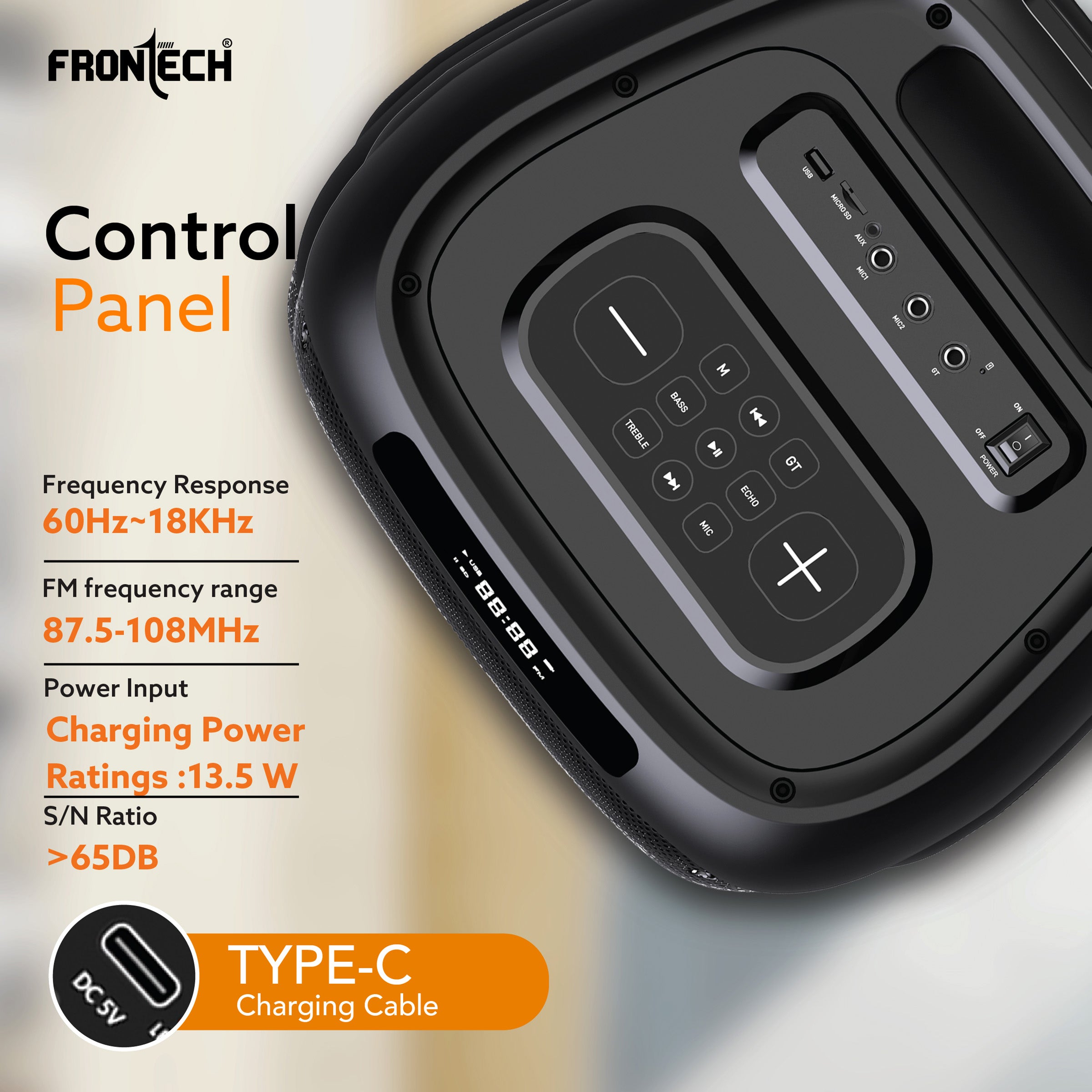Frontech SMASH PRO-22P 100W Portable Party Speaker | True Wireless| Karaoke Function with Wireless Mic | RGB LED Disco Lighting | Bluetooth 5.0 | FM Radio| USB, TF, AUX| Type-C Charging Port | 1 Year Limited Warranty (SW-0022P)