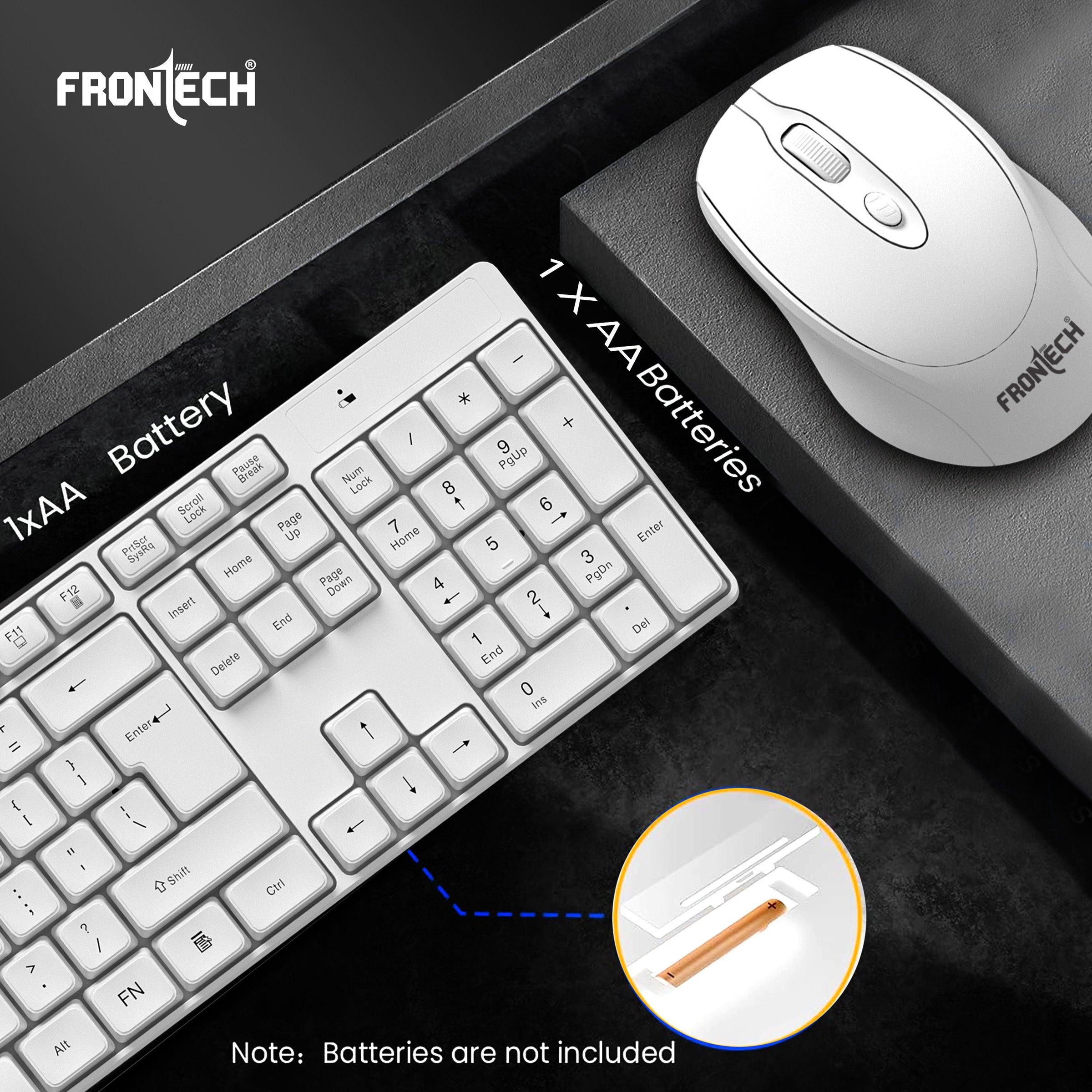 Frontech 2.4Ghz Rechargeable Wireless Keyboard and Mouse|104 Keys|1600 DPI|KB-0031| Combo Set (White)