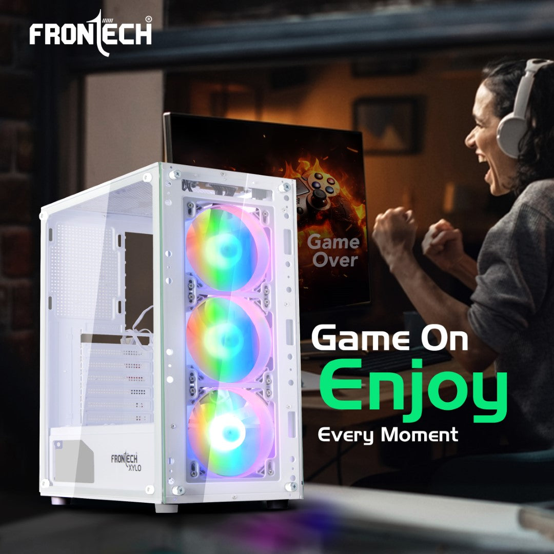 Xylo Gaming ATX Cabinet | Tempered Glass Side Panel, 3x120mm RGB Fans, USB 2xUSB 1.1 & 3.0 Ports, White (FT-4285W)