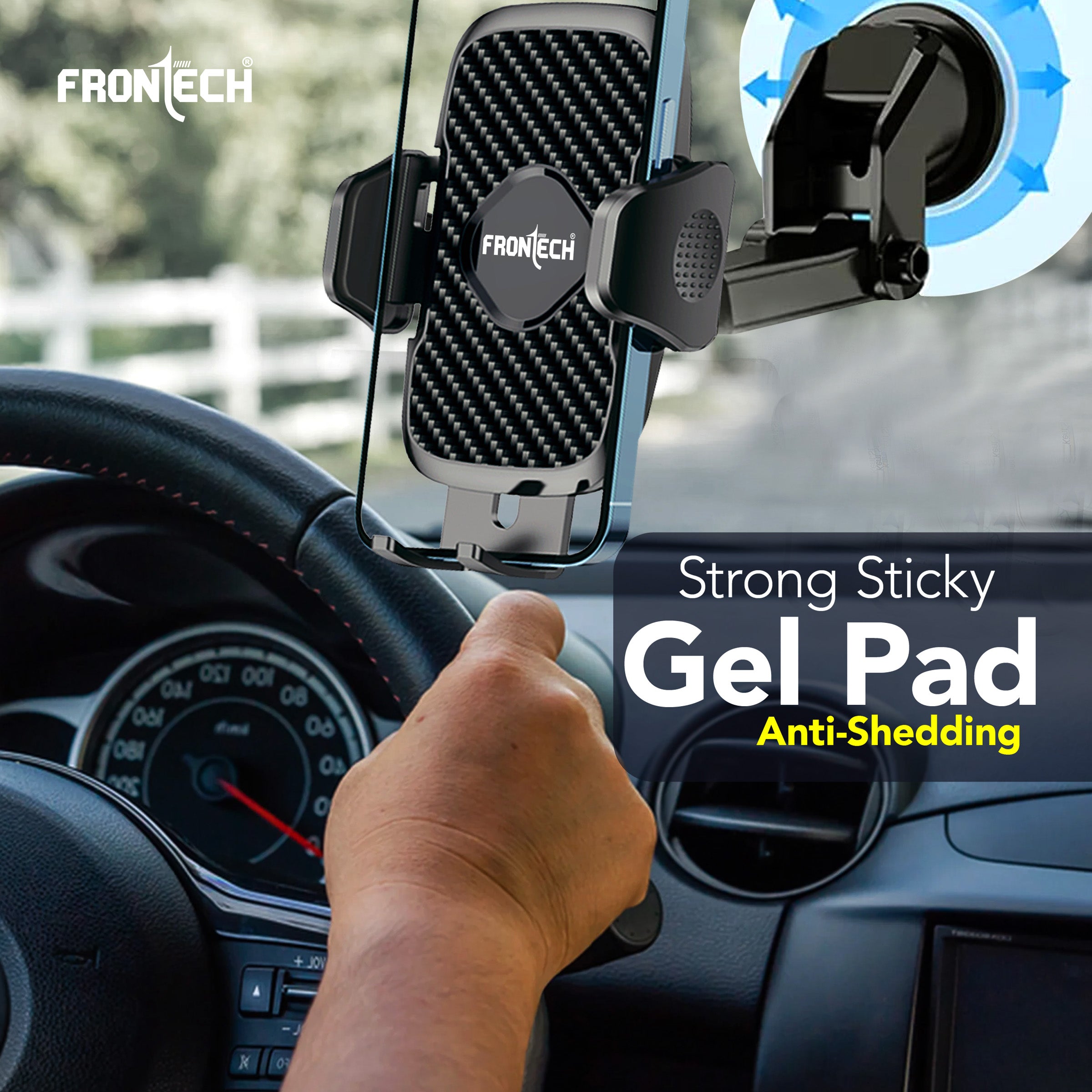FRONTECH 360° Rotating Car Phone Holder – One-Hand Operation, Adjustable Angle & Height, Anti-Slip Silicone Pad, Strong Sticky Gel Base – Universal Phone Mount for Smart Driving (CCH-0012)
