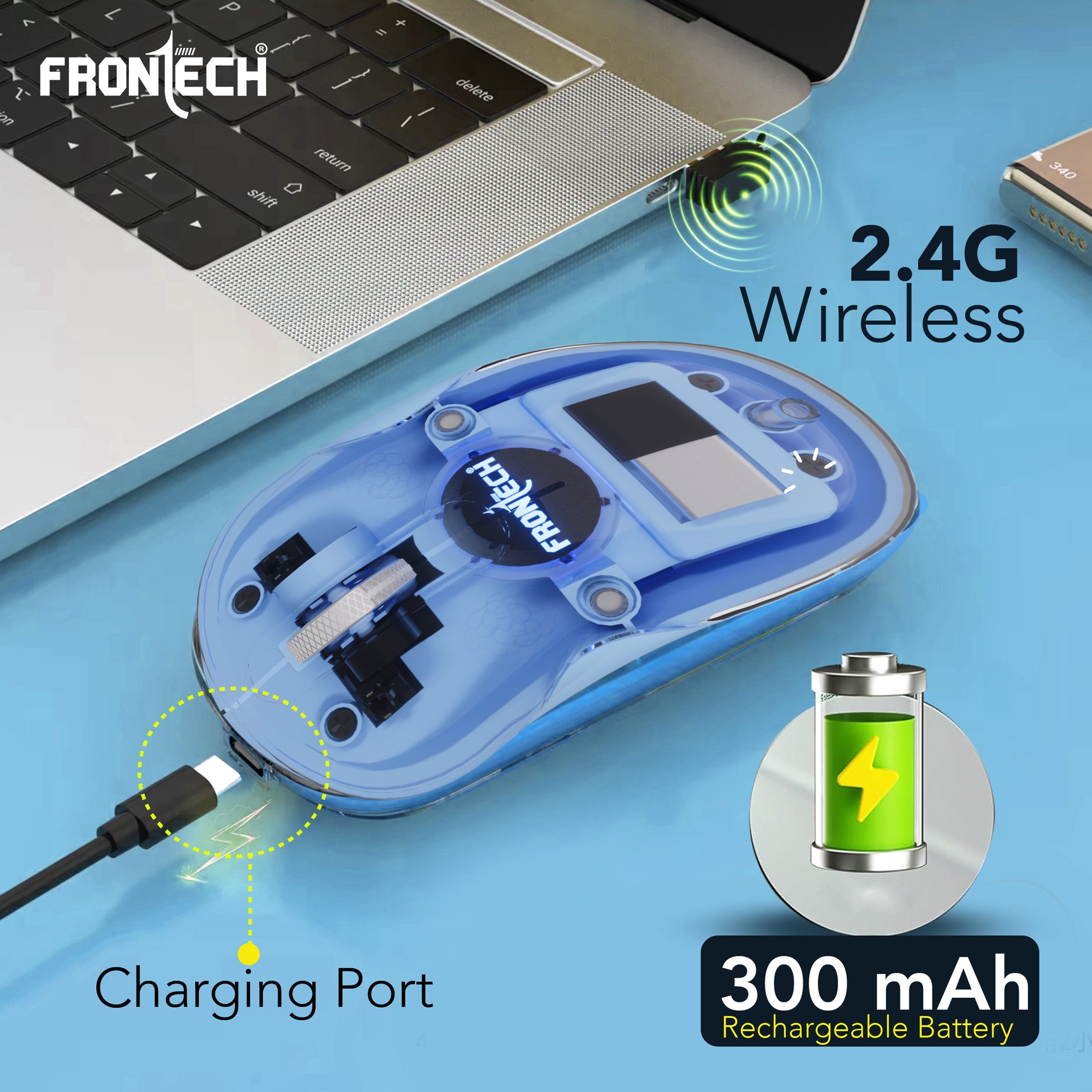 Frontech Transparent Mouse | 4800DPI | Dual Receivers |300mAh Rechargeable Battery| Wireless Ergonomic Optical Mouse with Bluetooth  (USB 2.0, Type C, Blue)