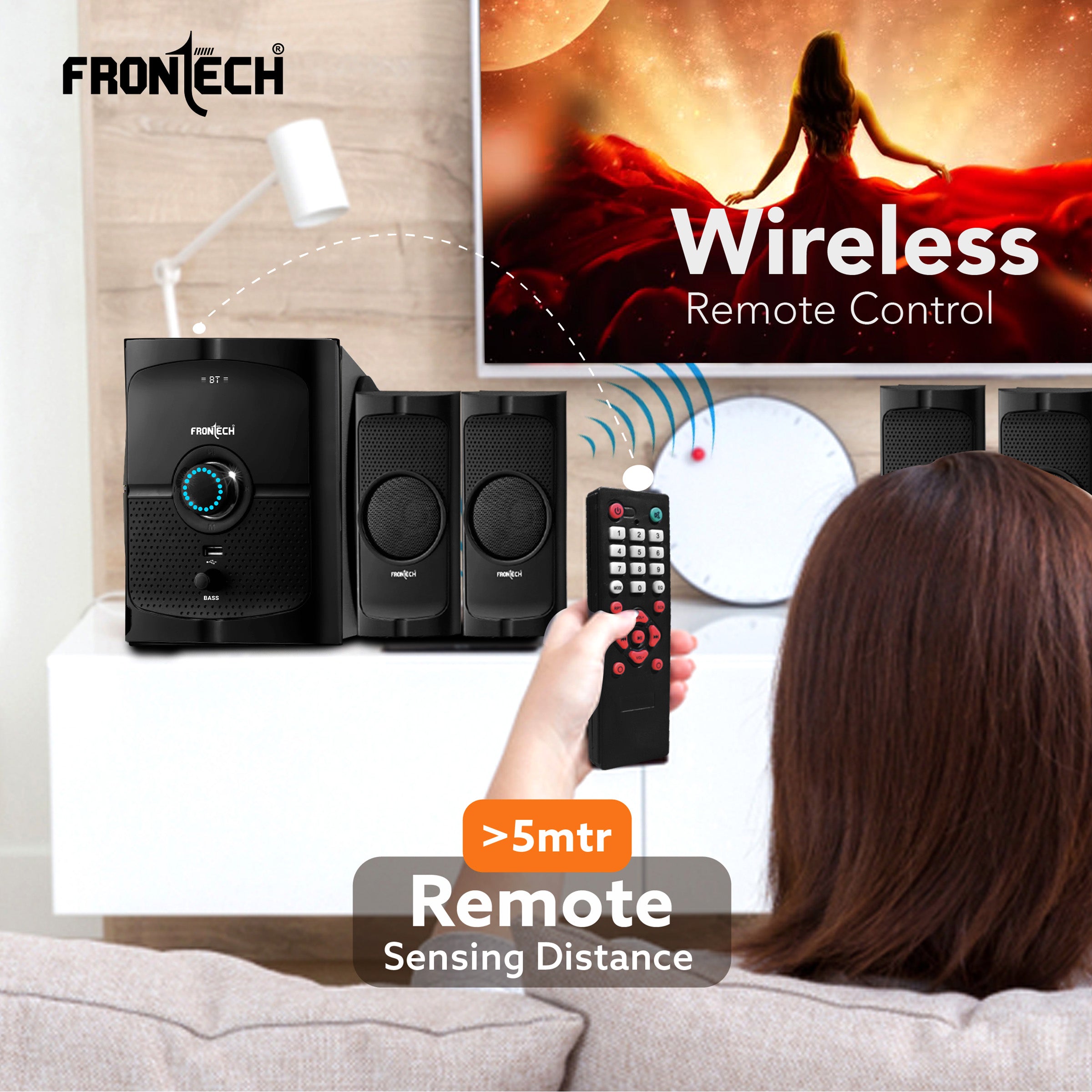Frontech 4.1 Channel Multimedia Bluetooth Speaker System 60W, Bluetooth Connectivity, Wired Multimedia Computer Speaker, FM, Audio in Speakers, 20mm Subwoofer, Wide Compatibility (SW-0127)