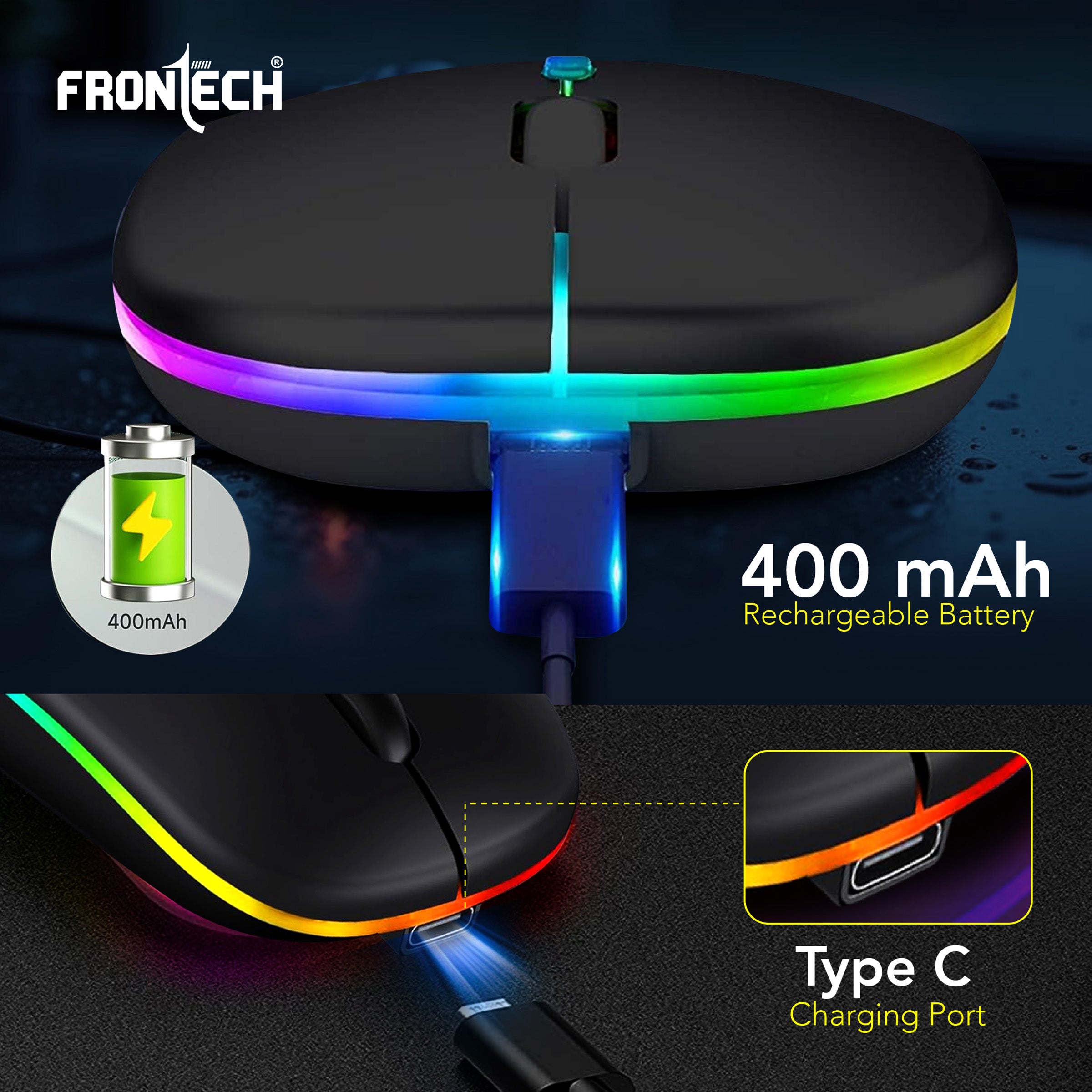 Frontech Wireless Mouse with Bluetooth 5.0 & 2.4 Ghz Dual Wireless Connectivity, Rechargeable Battery, Backlit Effect, Adjustable DPI up to 1600 Compatible with Laptop, MacBook, PC.(MS-0057)