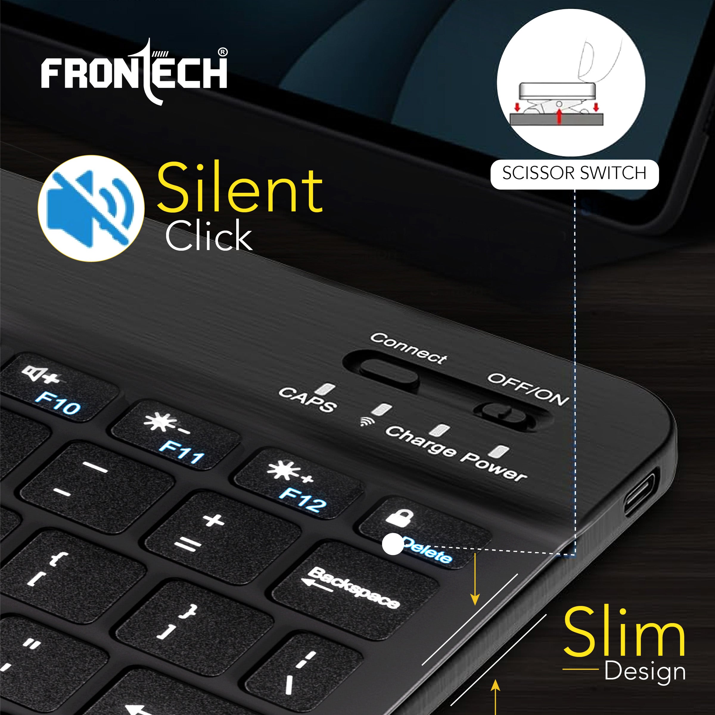 Frontech Ultra-Slim Wireless Mini Bluetooth Keyboard with 78 Keys, Rechargeable Battery, Compact Design for Windows/Mac/Android/iOS – Black (FT-1603A)