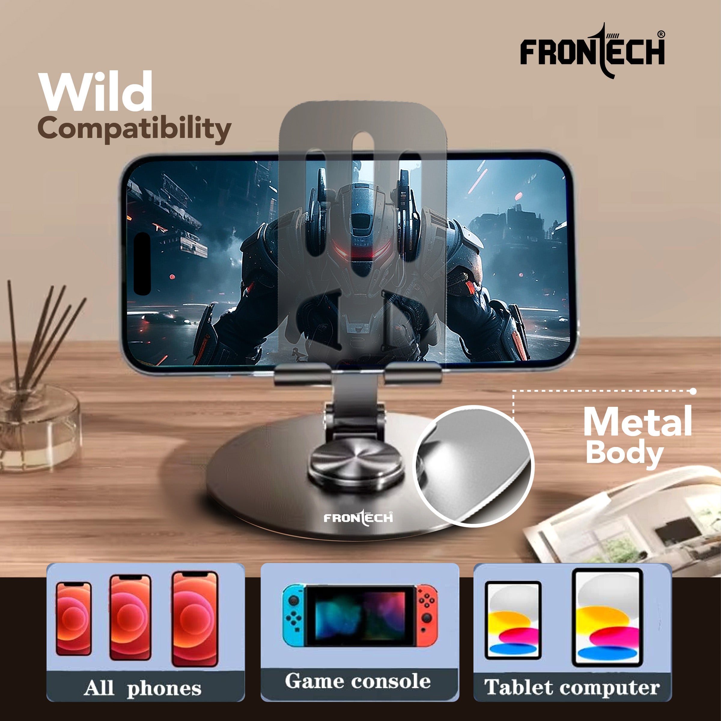 Frontech Mobile Holder, 360° Rotatable & Foldable Mobile Phone Holder With Stable Metallic base,Adjustable Height, Anti Skid Pad,Tabletop Mobile Phone Stand for all Smartphones. (CCH-0014GRY)