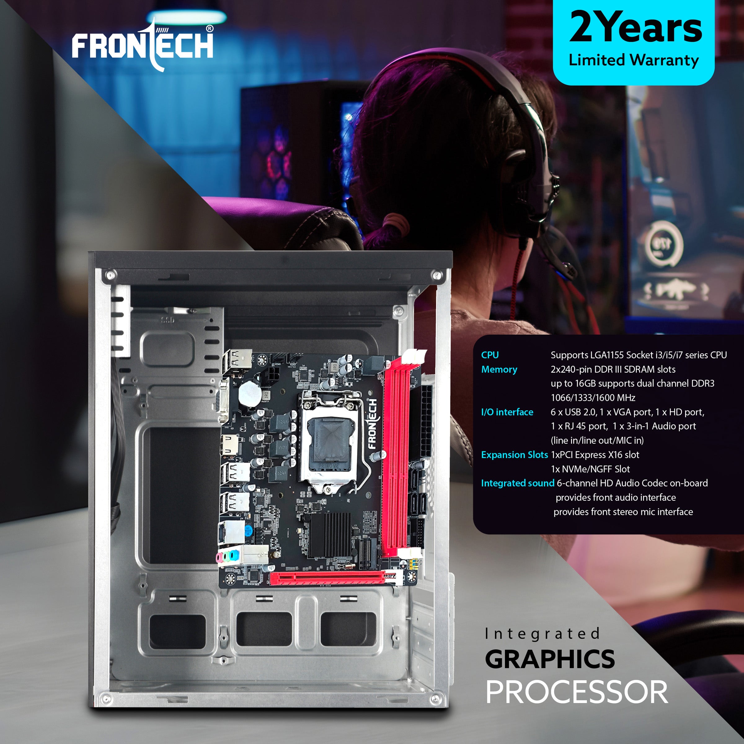 Frontech H61 Motherboard | Intel H61 Chipset, LGA1155, Dual DDR3, SATA 2.0, PCIe, HD Audio (FT-0491)