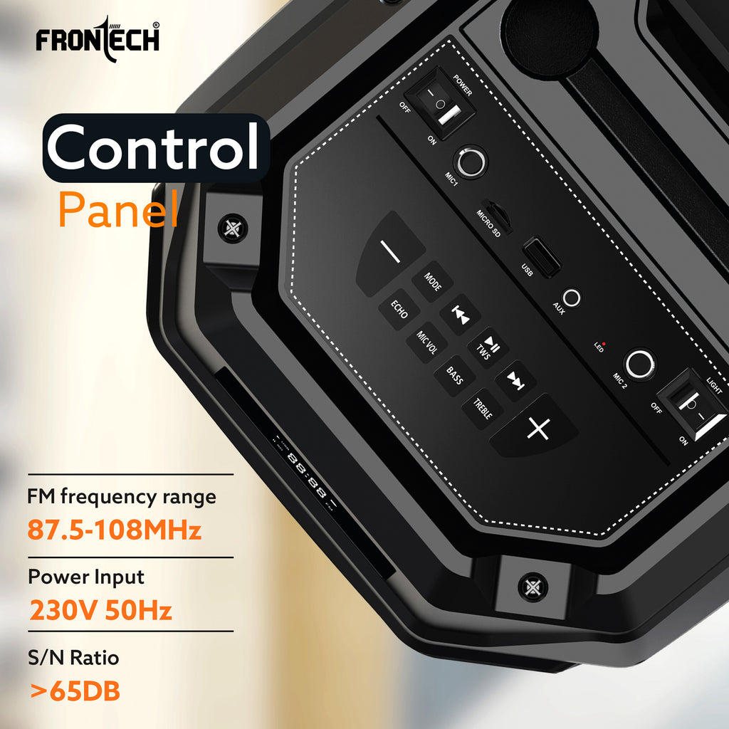 Frontech Smash PRO-20P 90W Trolley Speaker | Karaoke with Wireless Mic | TWS | RGB Lights | BT 5.0 | USB/TF/AUX/FM | 6000mAh Battery | Dual Mic Ports | Recording (SW-0020P).