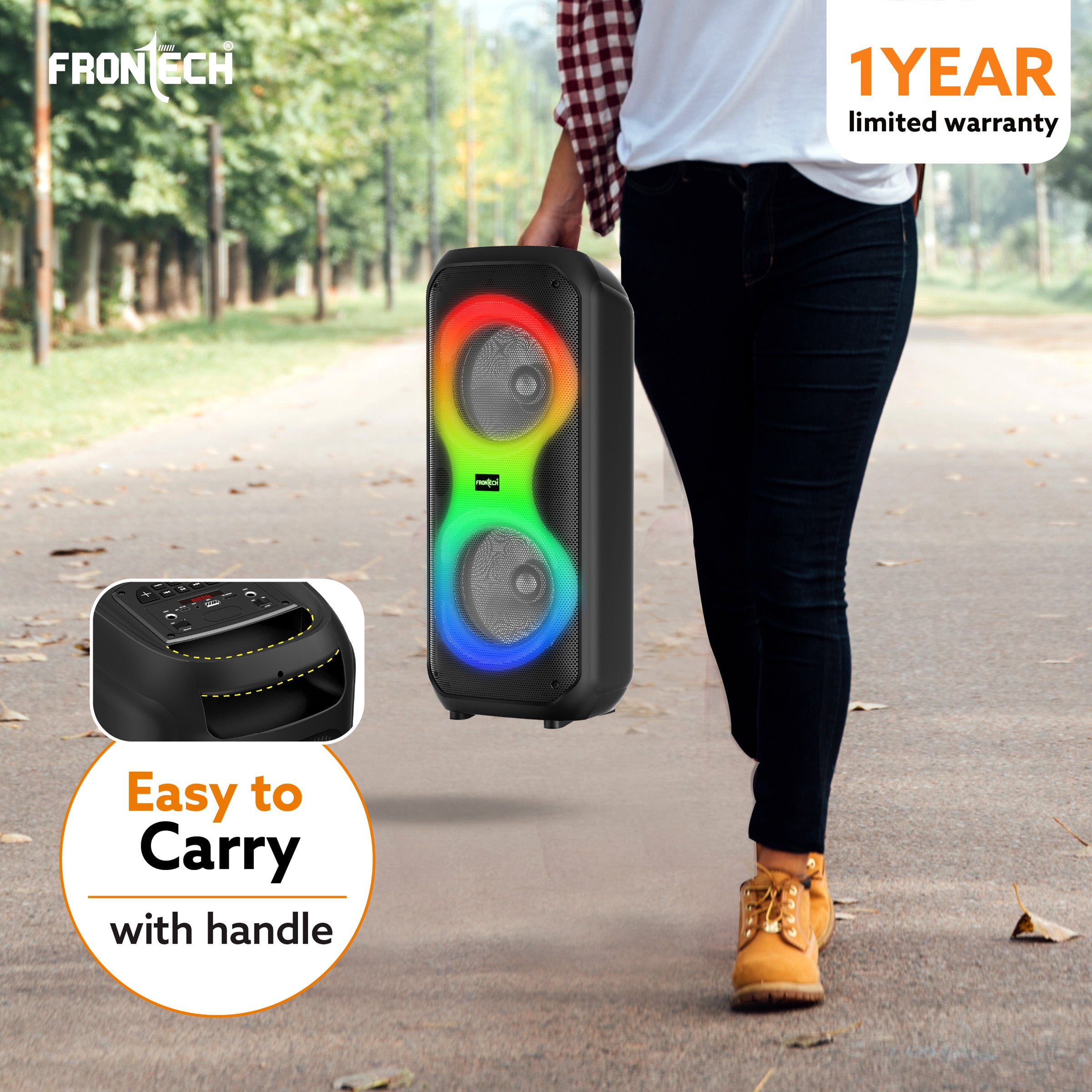 Frontech Smash Pro-21P 45W Portable Party Speaker | True Wireless Stereo | Karaoke Function with Wireless Mic | RGB LED Disco Lighting | Bluetooth 5.0 | FM Radio | USB, TF, AUX | Type-C Charging Port (SW-0021P)