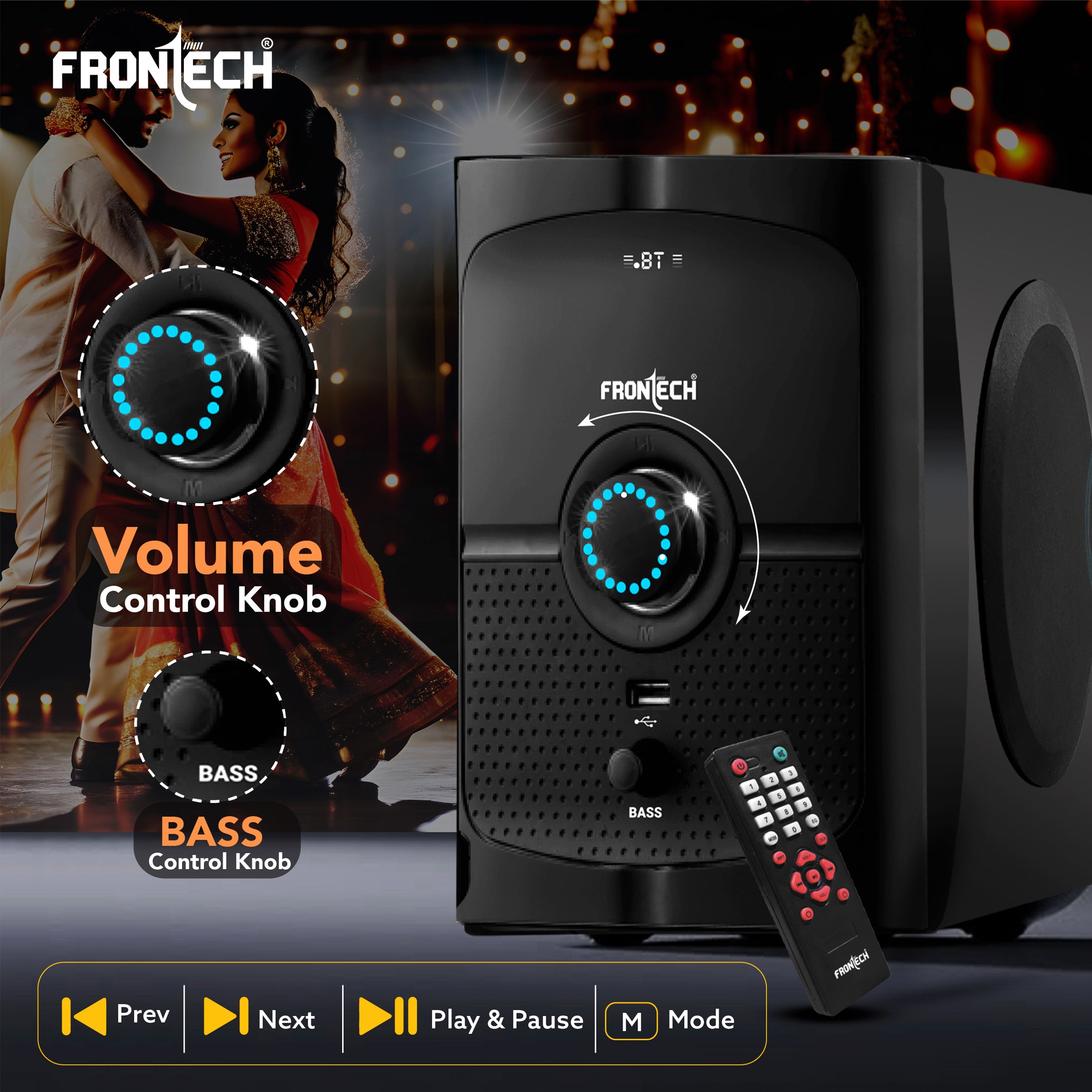 Frontech 4.1 Channel Multimedia Bluetooth Speaker System 60W, Bluetooth Connectivity, Wired Multimedia Computer Speaker, FM, Audio in Speakers, 20mm Subwoofer, Wide Compatibility (SW-0127)