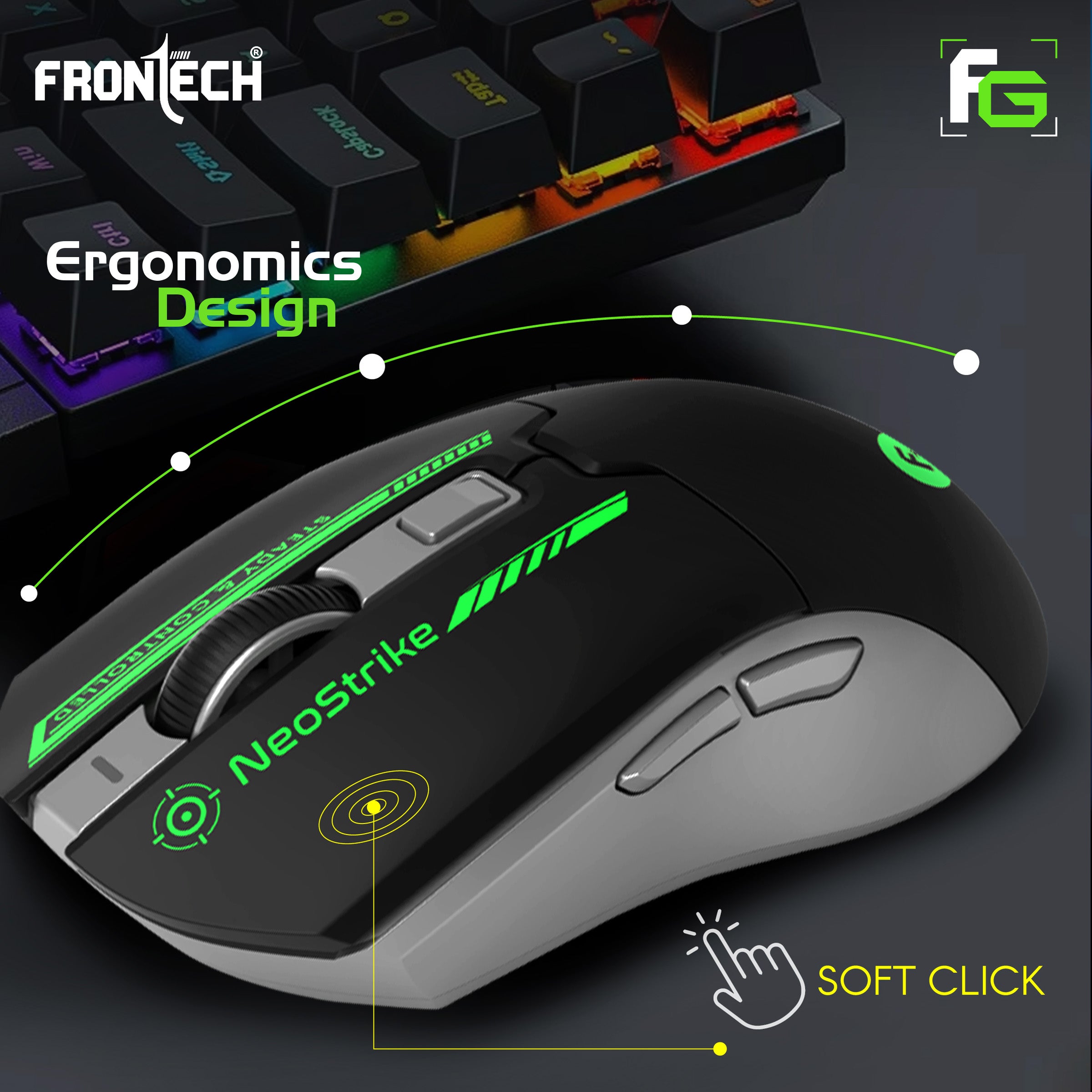 Frontech Neo Strike Wireless Gaming Mouse with 3200DPI, Comfortable & Ergonomic Design, RGB LED Lights, 6 Buttons, in-Built Rechargeable Battery, Power & LED ON/Off Switch.(MS-0059)