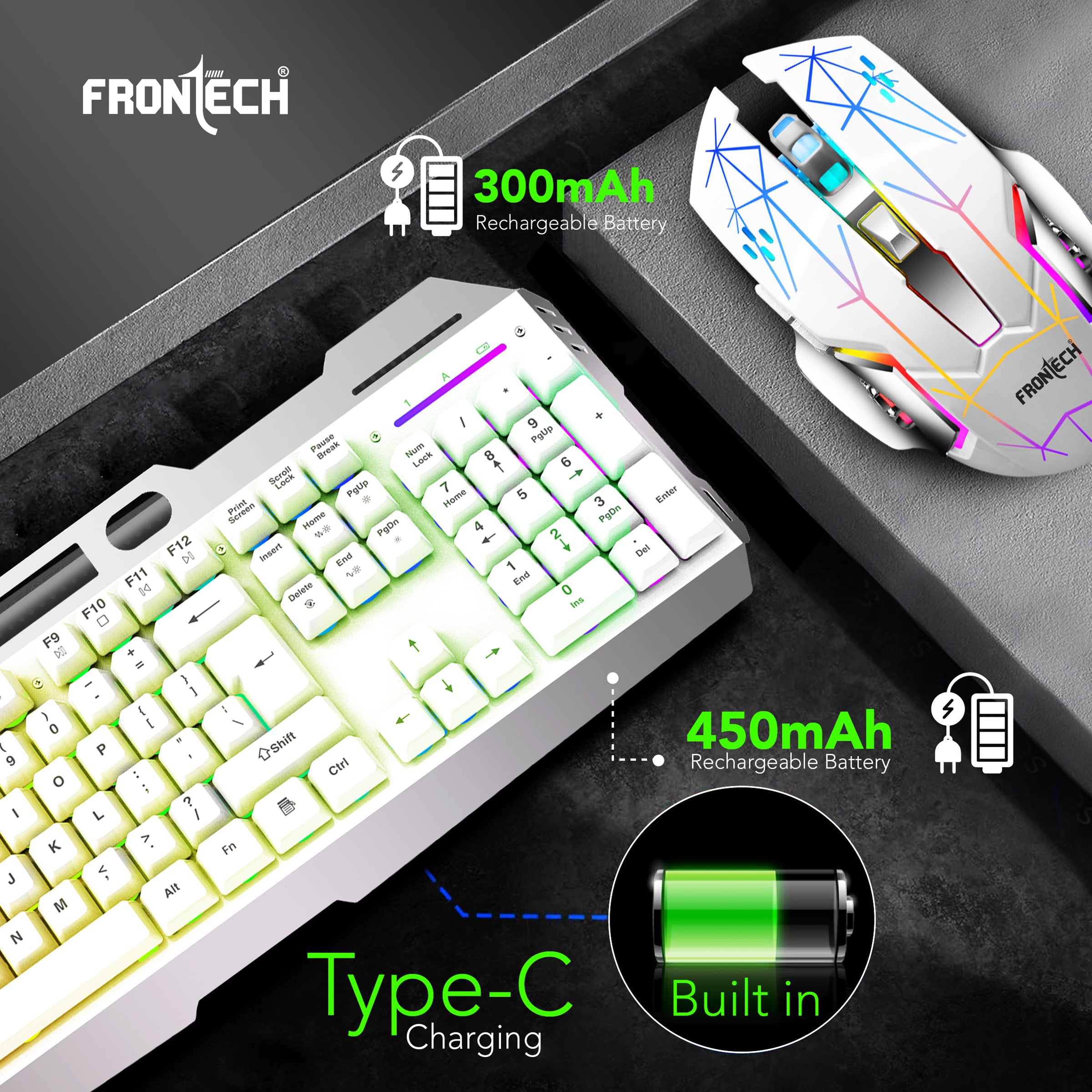 Frontech Wireless Gaming Keyboard & Mouse Combo | Rainbow Backlit | 2.4GHz | 4800 DPI | Rechargeable | Type-C | 104 keys | Windows/Mac/Android/iOS Compatible (KB-0025W)