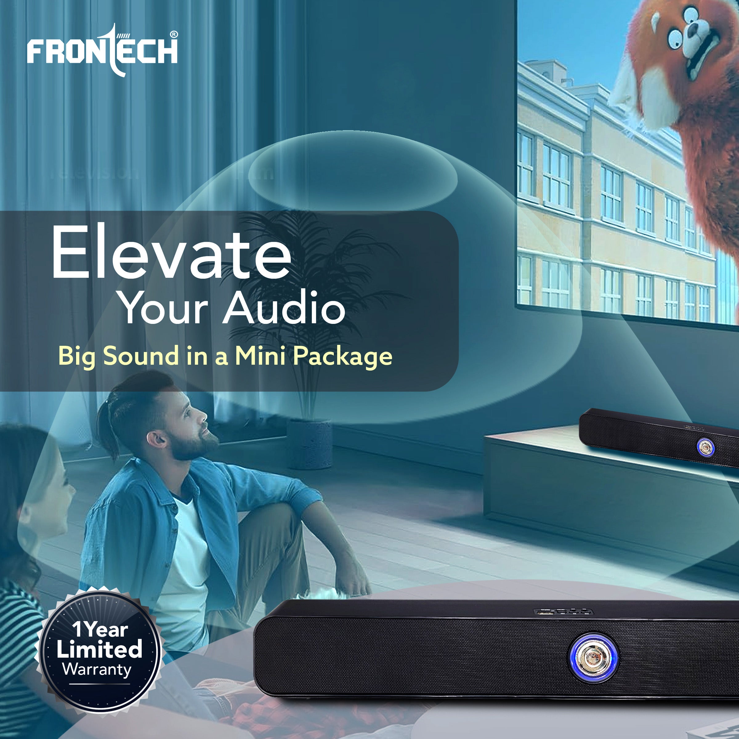 FRONTECH ECHOLITE-71 Mini Soundbar: 40W Bluetooth 5.0 Portable Home Theater Speaker with AUX/USB/TF Card & 2400mAh Battery. (SW-0071)
