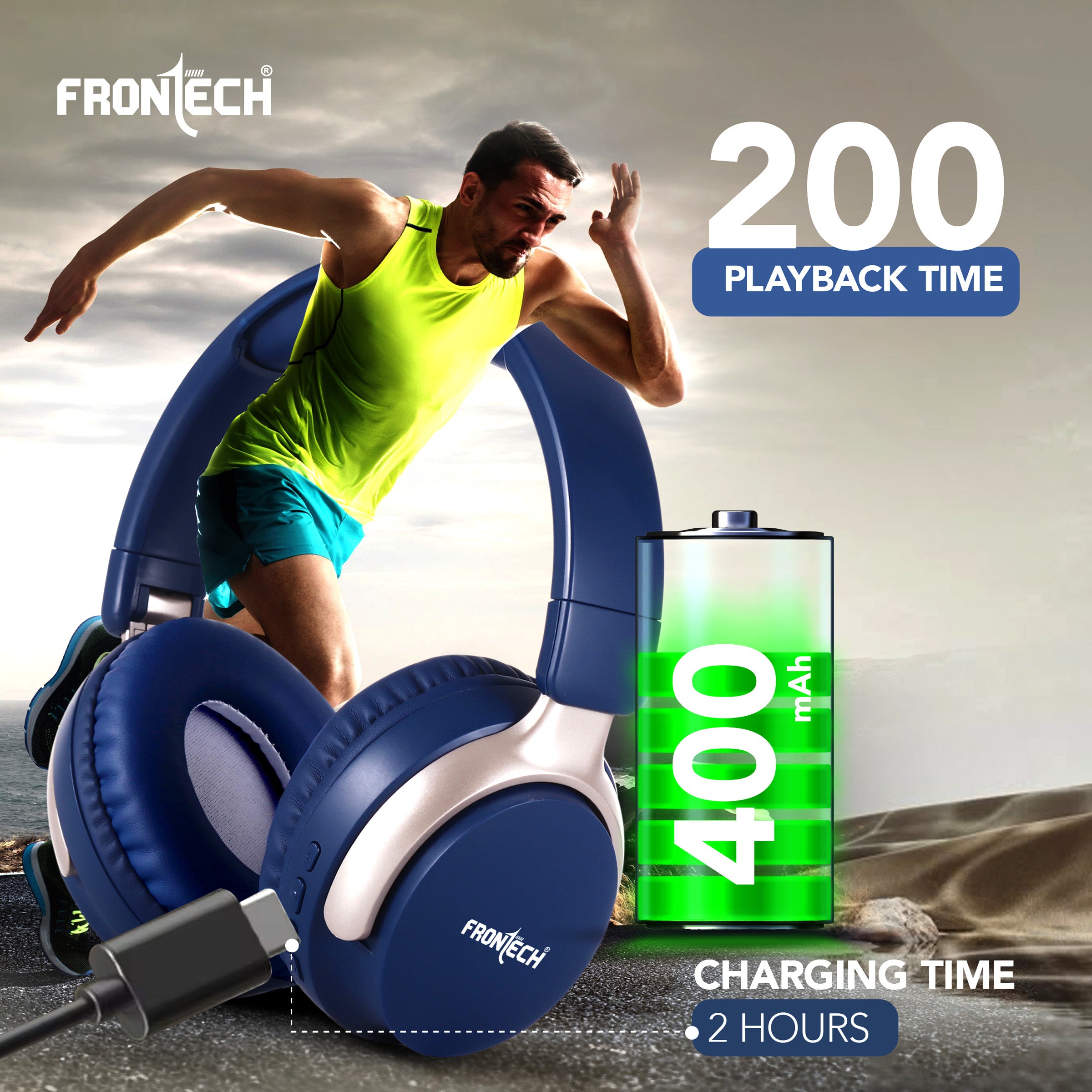 FRONTECH QHP-370 Wireless Headphones: 36HRS Playtime, 40mm Drivers, Dual Mode (BT 5.1 & AUX) - Deep Blue. (EF-0078)