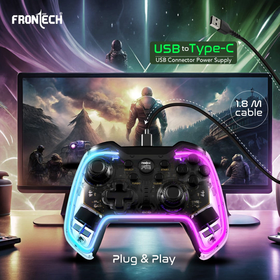 Fire Wired Gaming Pad | USB-C, Dual Vibration, RGB | PS3/PC/Android TV (GP-0001)