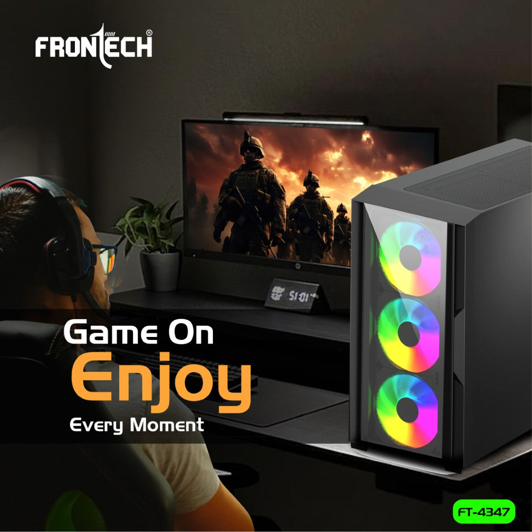 Gaming PC Cabinet | 4 x 120mm LED Fans, Tempered Glass, USB 1.0 & 3.0 (FT-4347)