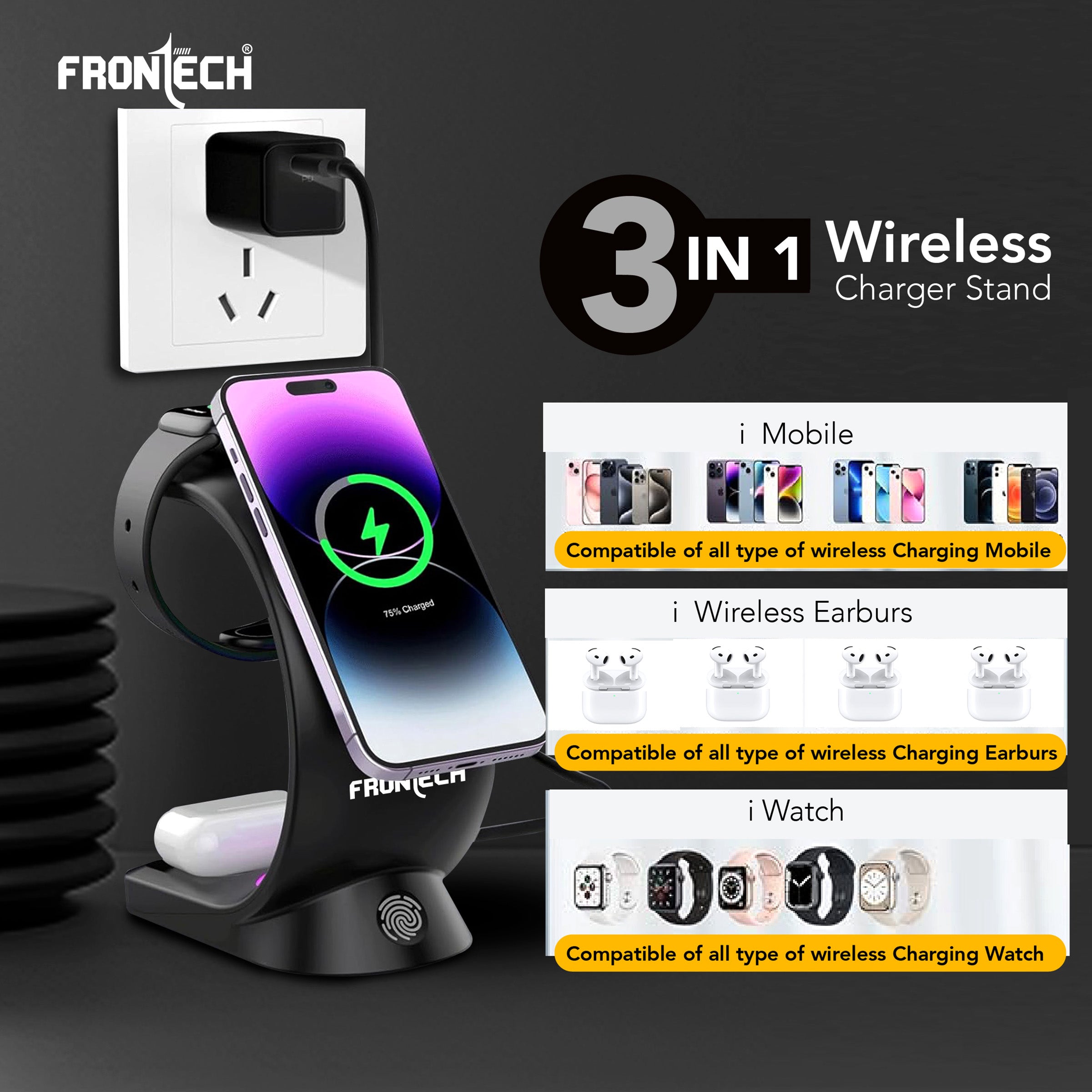 Frontech Magnetic 3-in-1 Wireless Charging Stand - Fast Charging | MagSafe Alignment | RGB Light | 360° Rotation (CCH-0016)