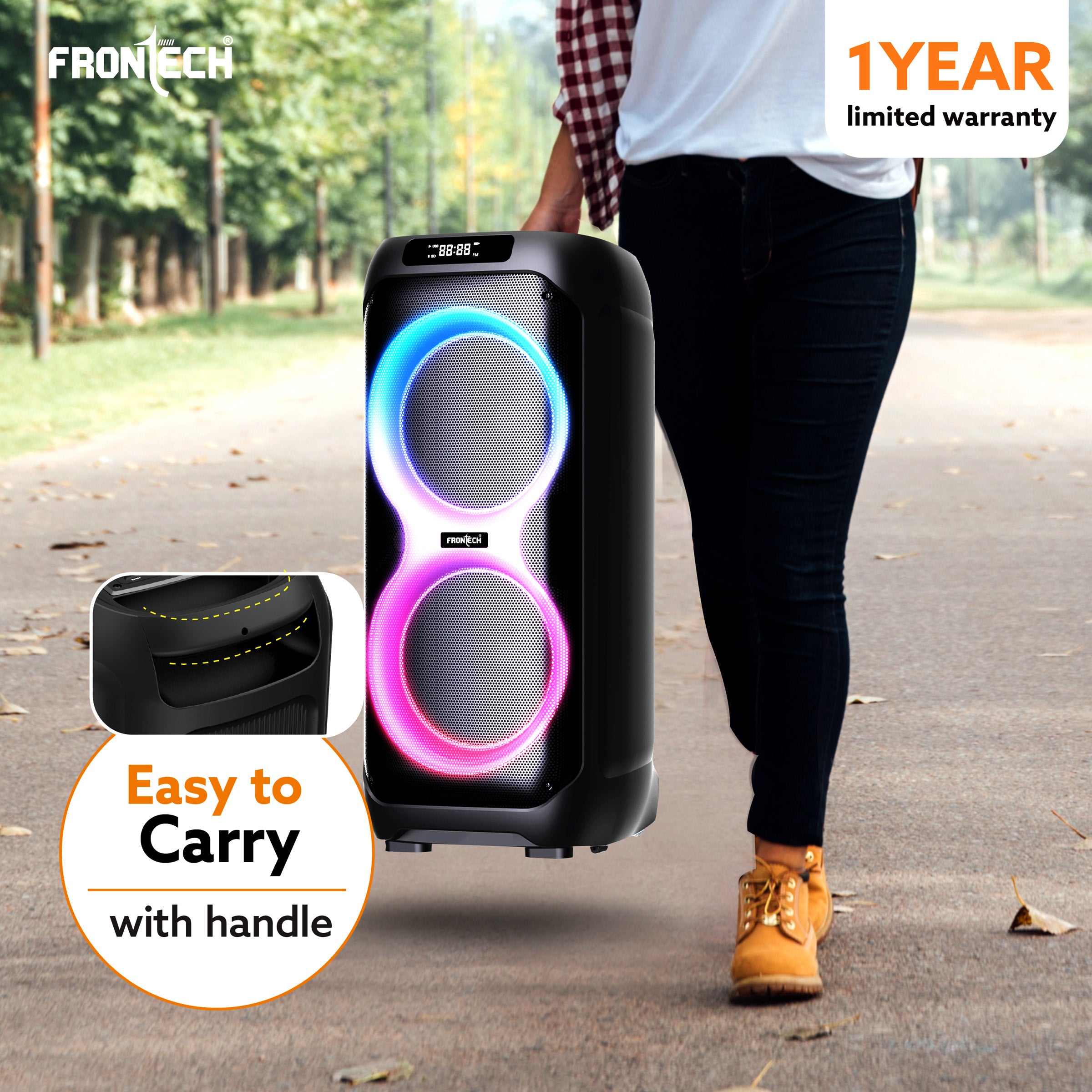 Frontech SMASH PRO-22P 100W Portable Party Speaker | True Wireless| Karaoke Function with Wireless Mic | RGB LED Disco Lighting | Bluetooth 5.0 | FM Radio| USB, TF, AUX| Type-C Charging Port | 1 Year Limited Warranty (SW-0022P)