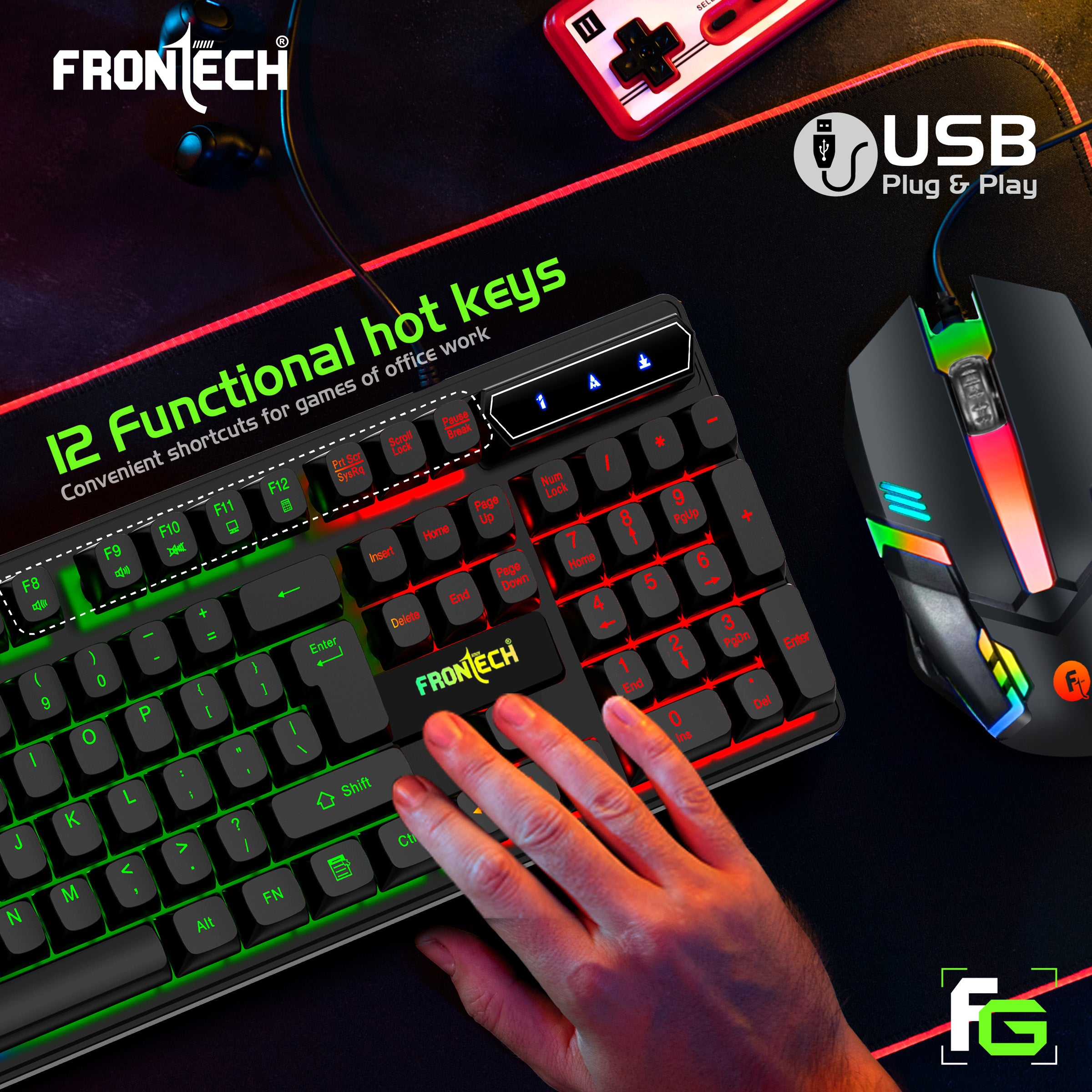 Frontech Dragon Warrior Gaming 4 in 1 Gaming Combo Set of Gaming Keyboard with RGB LED Backlit, Mouse with 1200 DPI, Mousepad and Premium Gaming Headphone, (KB-0038P, Black)