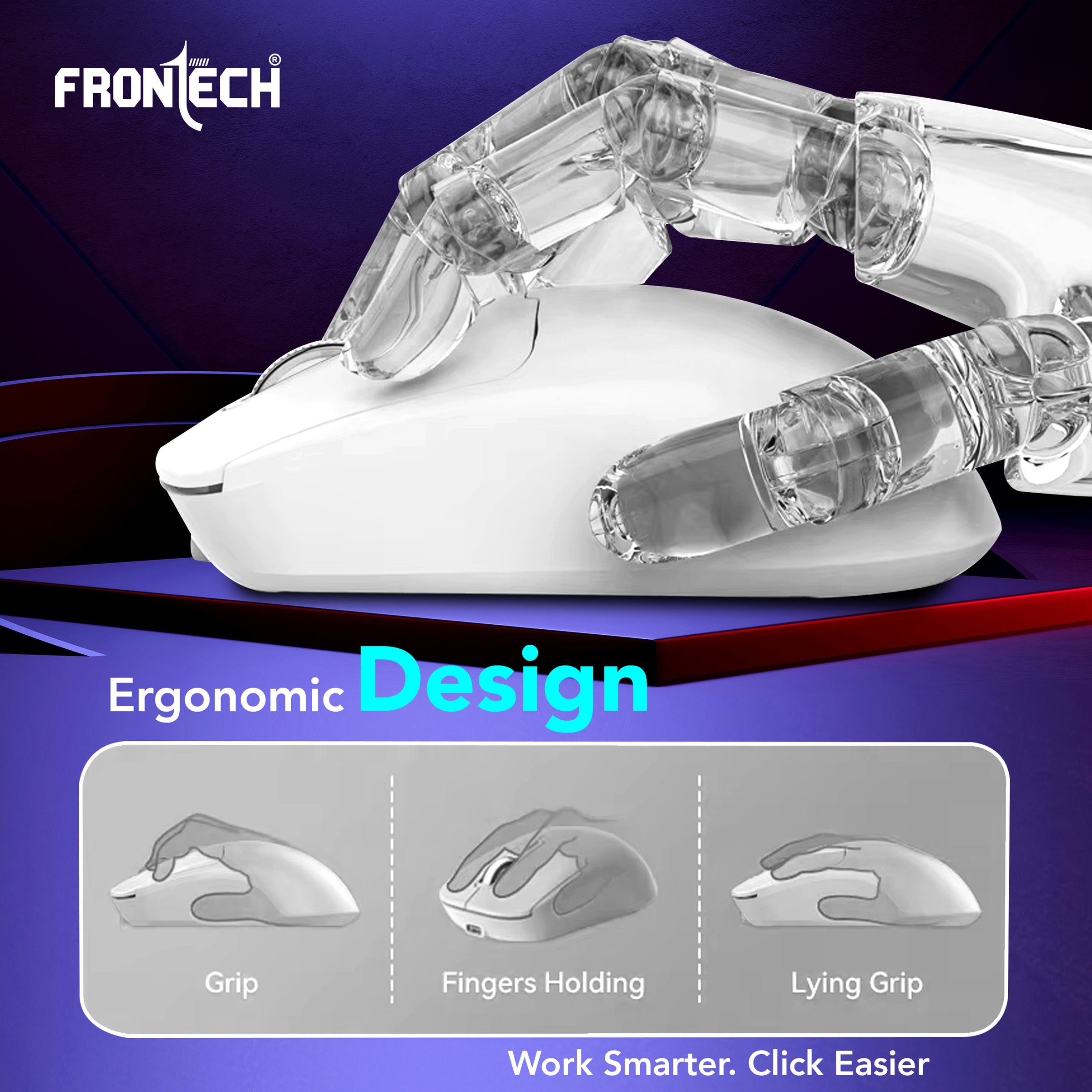 Frontech Dual Mode Wireless Optical Mouse | 2.4GHz + Bluetooth | Up to 1600 DPI | 4 Buttons | White | USB Nano Receiver | Ergonomic Grip | Multi-Device Compatibility (MS-0058W)