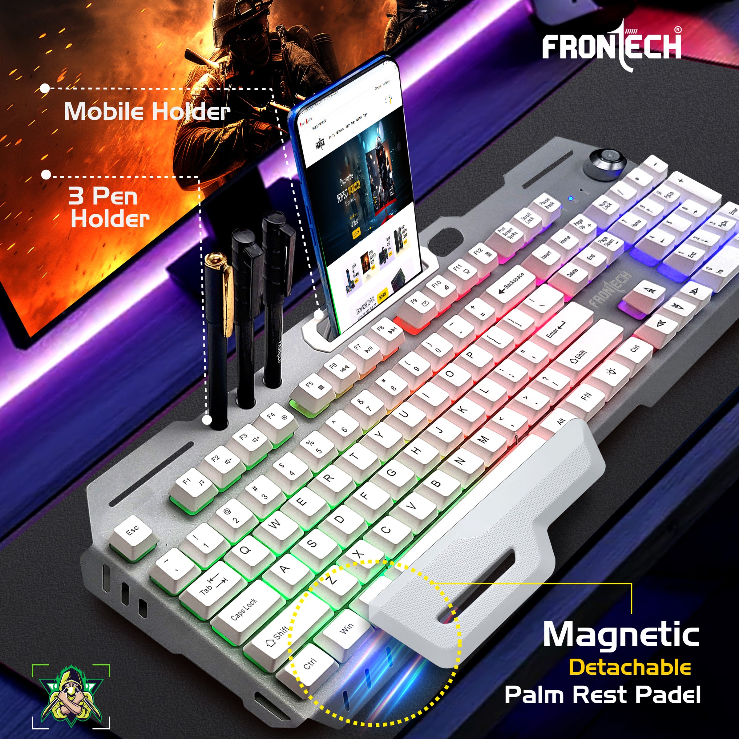 Frontech RGB Gaming Keyboard – Power at Your Fingertips | Game Better, Brighter & Faster | Rainbow Backlight | 19 Anti-Ghosting Keys | Plug & Play | 104-Key Layout (KB-0013P)