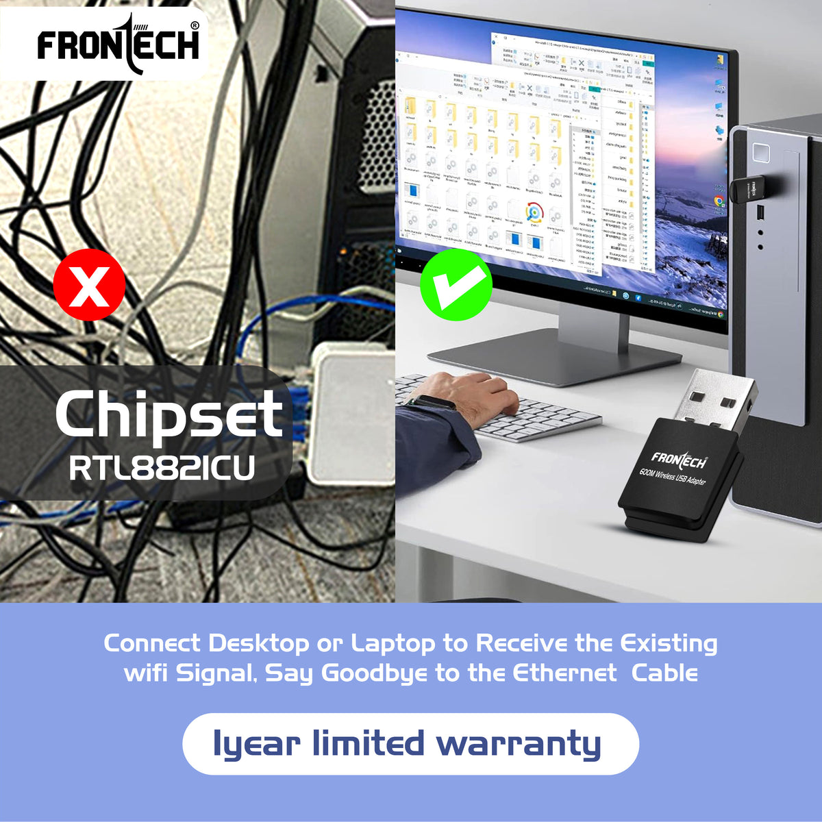 FRONTECH 600 Mbps USB Wi-Fi + Bluetooth Adapter | PC, Laptop | Dual Band (2.4GHz) | BT 4.2/2.1 | USB 2.0 | Wireless Network Card (Gaming, Work, Travel, Home) | Compatible with Windows 7/8/10/11/XP | WEP,WPA-PSK,WPA2-PSK Security | 10-20M Range (FT-0844)