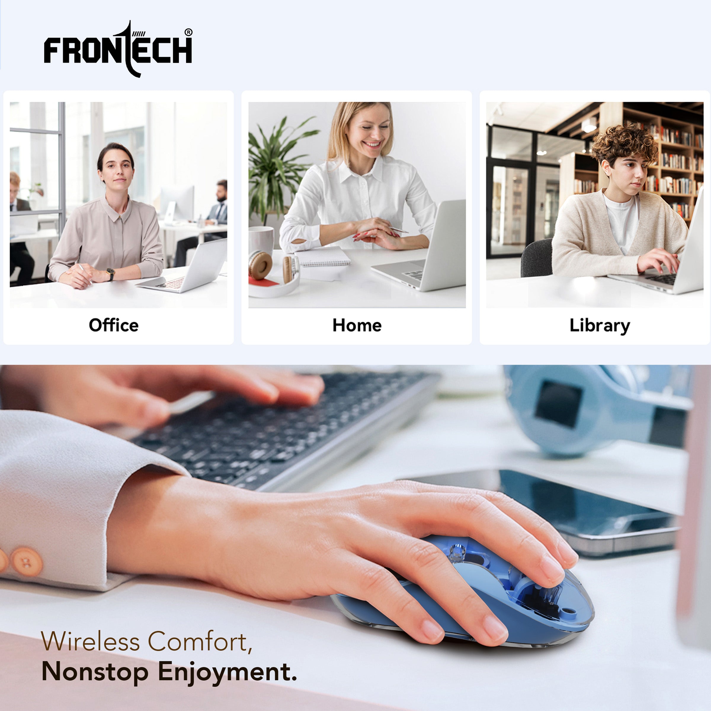 Frontech Transparent Mouse | 4800DPI | Dual Receivers |300mAh Rechargeable Battery| Wireless Ergonomic Optical Mouse with Bluetooth  (USB 2.0, Type C, Blue)