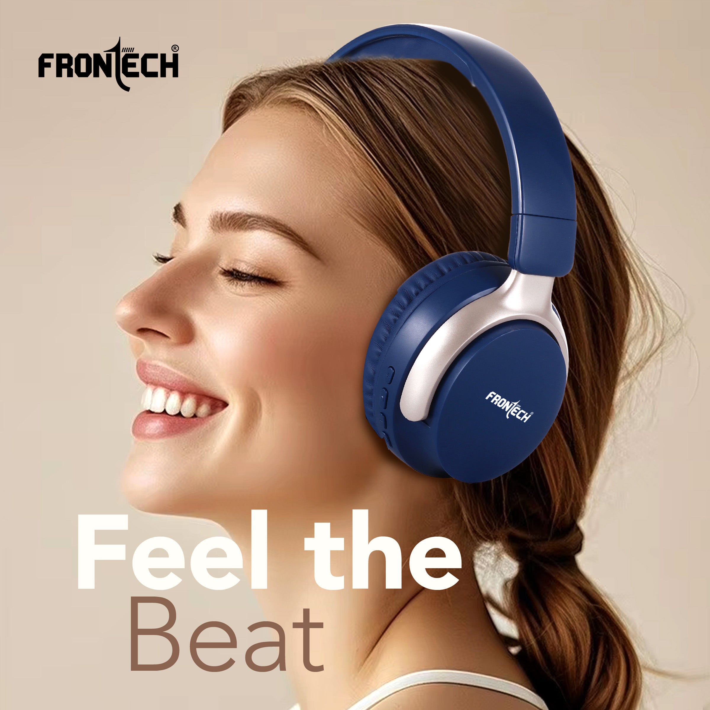 FRONTECH QHP-370 Wireless Headphones: 36HRS Playtime, 40mm Drivers, Dual Mode (BT 5.1 & AUX) - Deep Blue. (EF-0078)