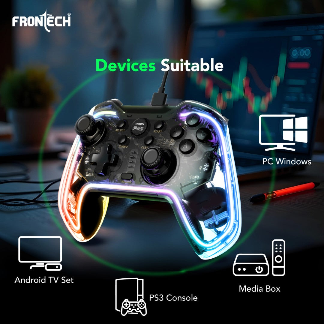 Fire Wired Gaming Pad | USB-C, Dual Vibration, RGB | PS3/PC/Android TV (GP-0001)