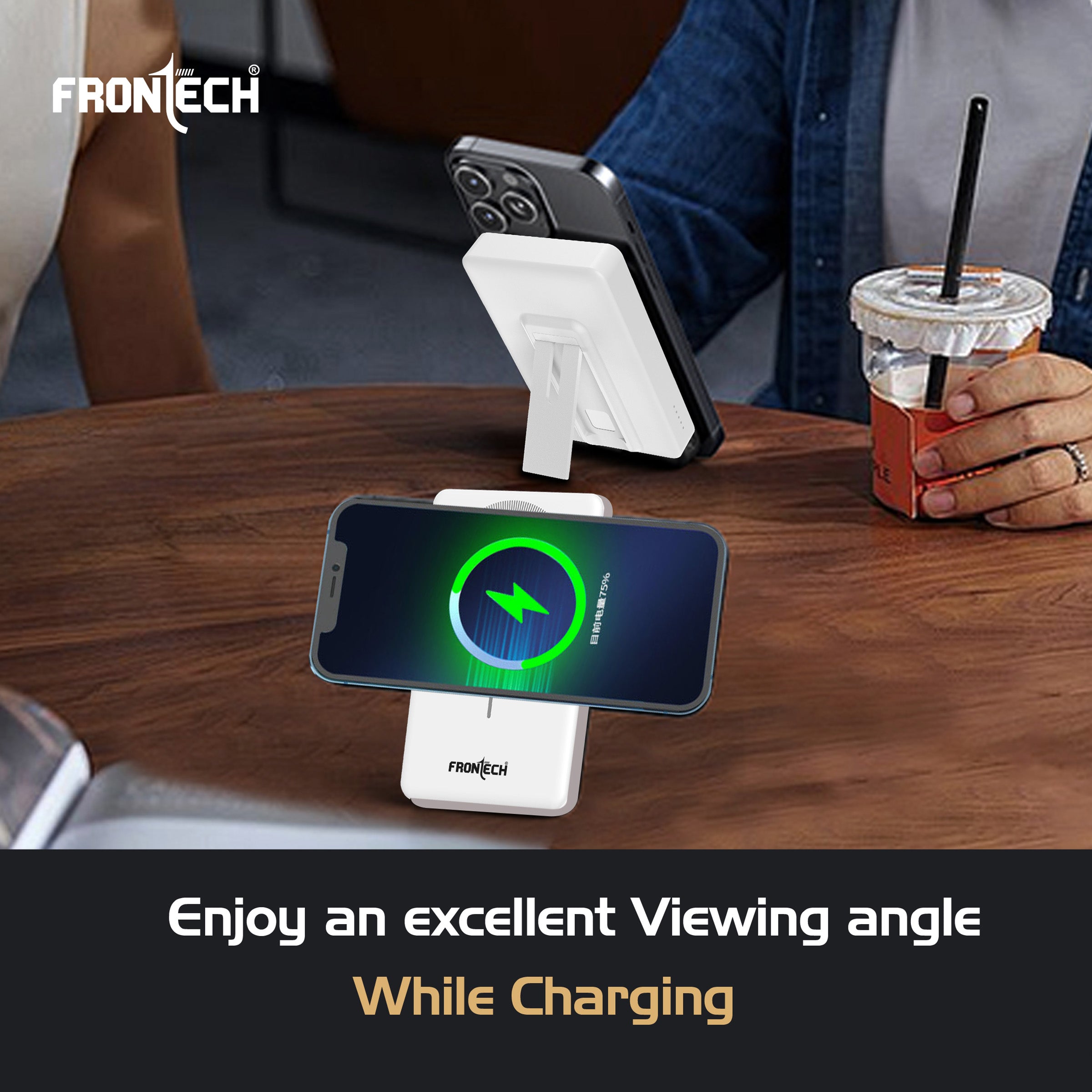 Frontech 10000mAh Magnetic Wireless Power Bank | 22W Fast Charging | Type-C & USB Output | Foldable Stand | BIS Approved –( PB-0027 )
