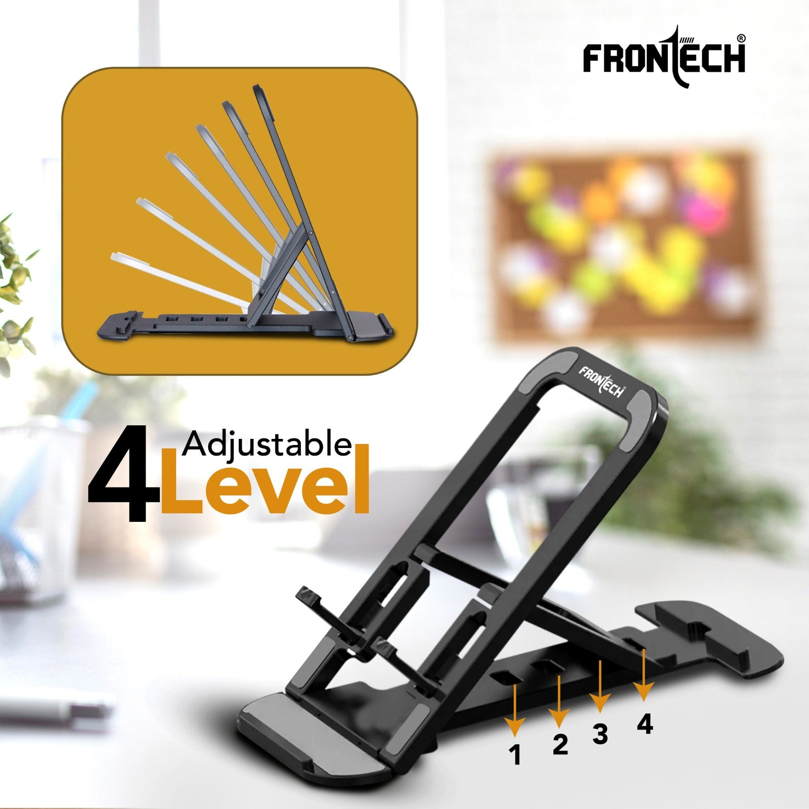 Frontech Mobile Phone Stand Holder, 4-Level Adjustable, Durable ABS Design with Rubber Pads, Foldable Desktop Phone Mount,( CCH-0013 )