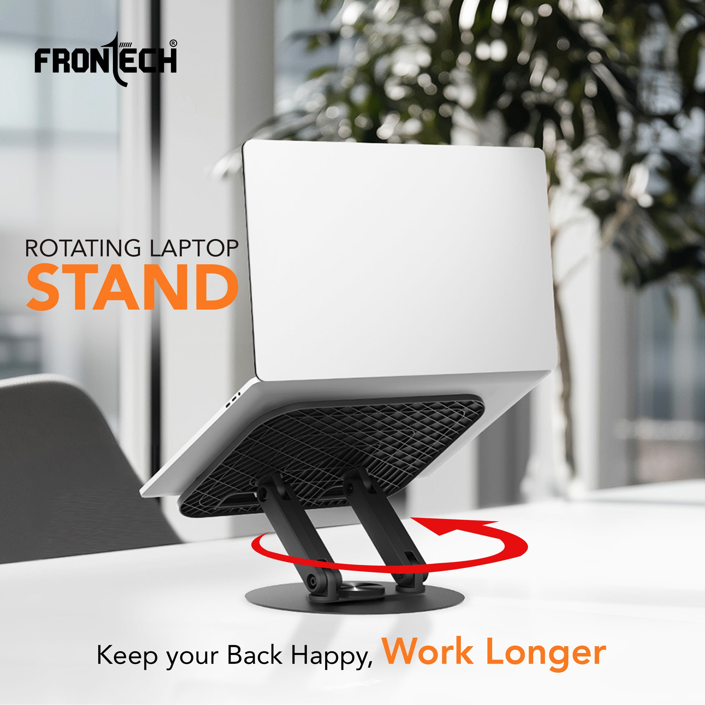 Frontech 360° Rotating Laptop Stand — Step-Less Adjustable Height, Carbon Steel + ABS Build, Fits Up to 17