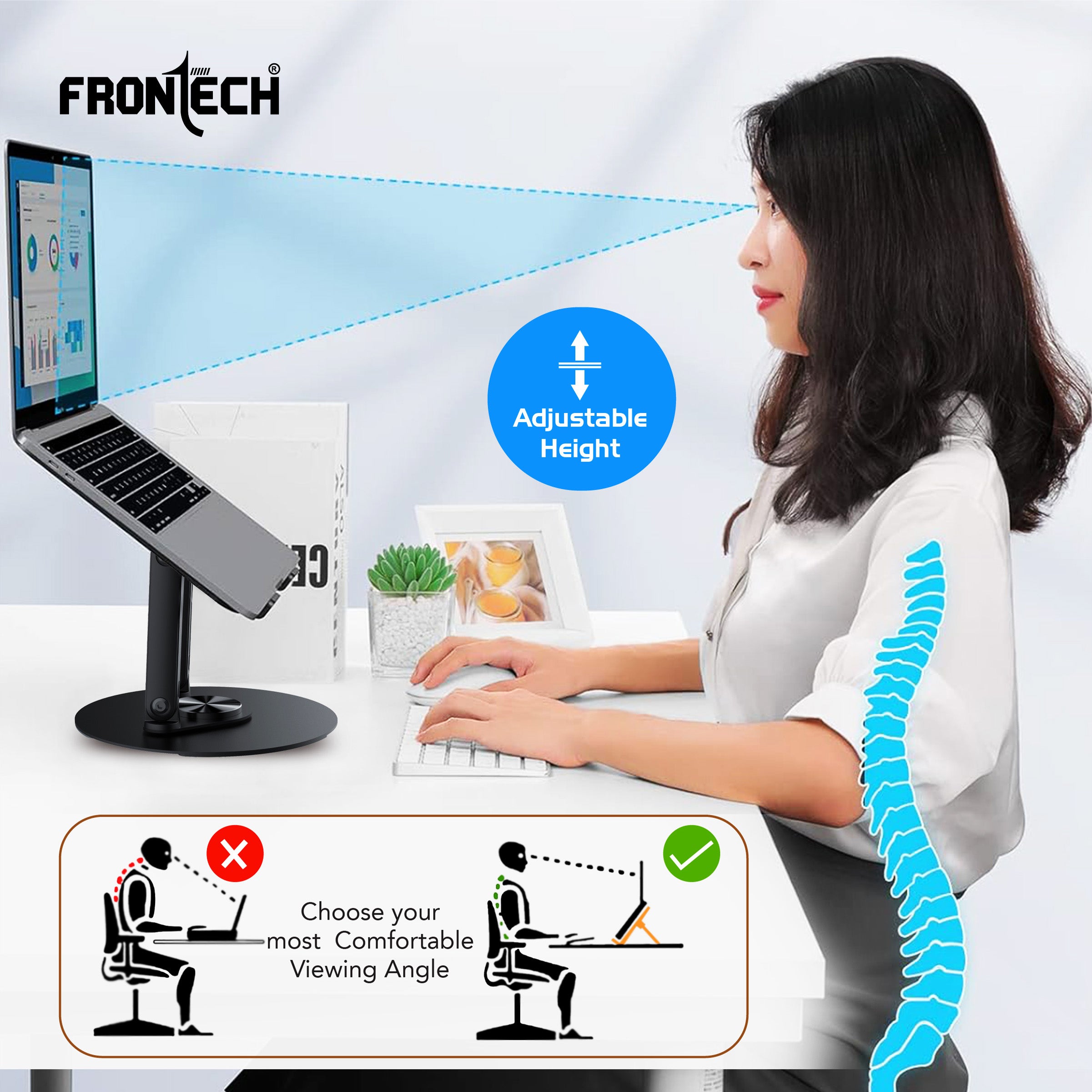 Frontech 360° Rotating Laptop Stand — Step-Less Adjustable Height, Carbon Steel + ABS Build, Fits Up to 17