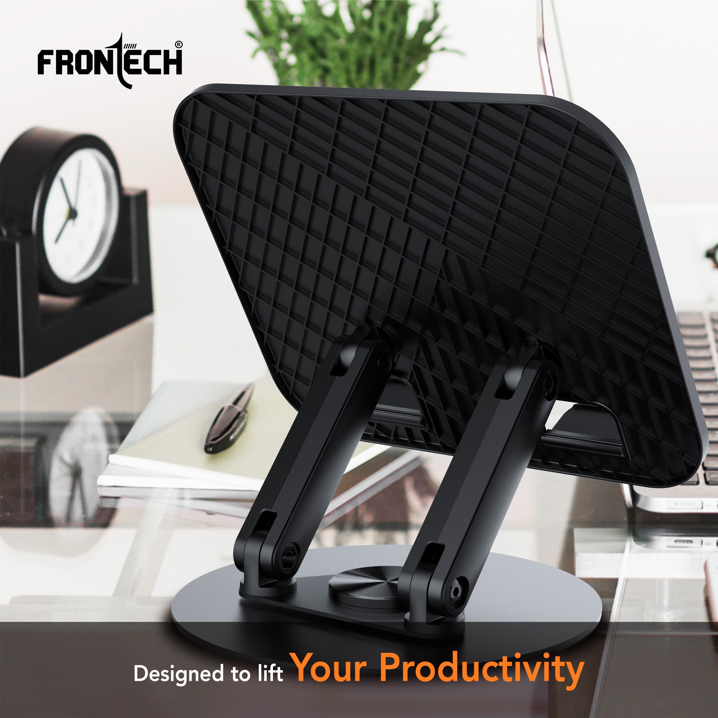 Frontech 360° Rotating Laptop Stand — Step-Less Adjustable Height, Carbon Steel + ABS Build, Fits Up to 17