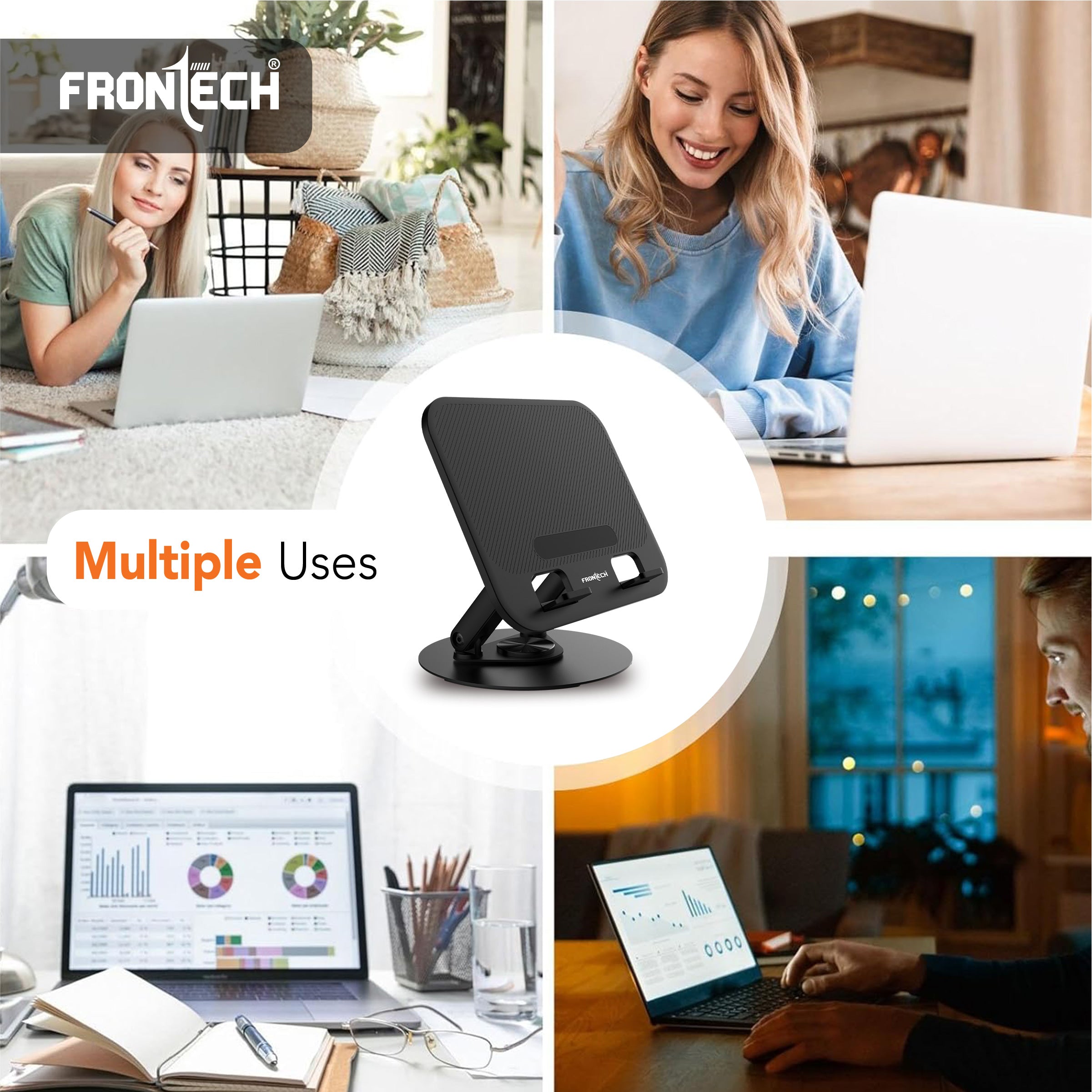 Frontech 360° Rotating Laptop Stand — Step-Less Adjustable Height, Carbon Steel + ABS Build, Fits Up to 17